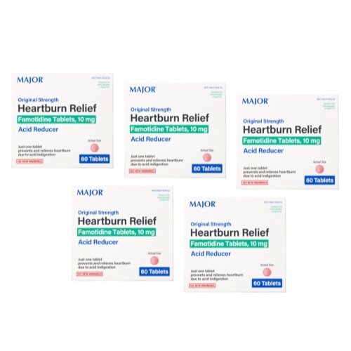 Major Original Strength Heartburn Relief Famotidine Tablets, 10 mg - Pack of 5