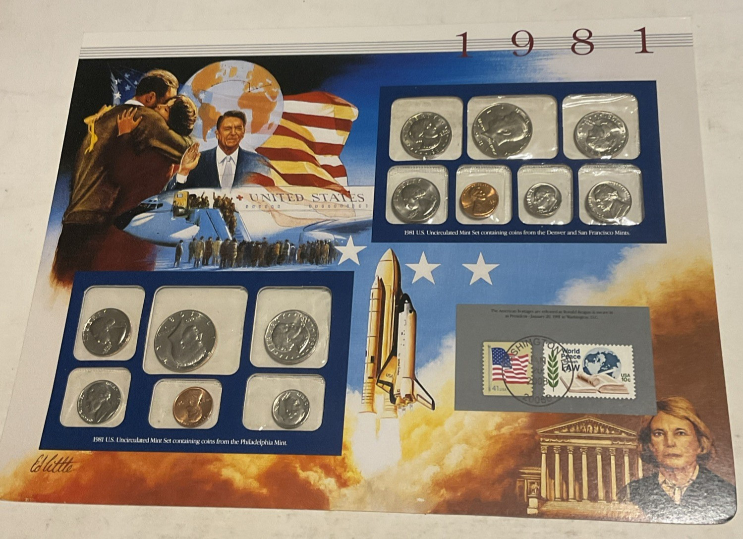 1981 P/D Uncirculated Mint Set Postal Commemorative Society Coin & Stamps