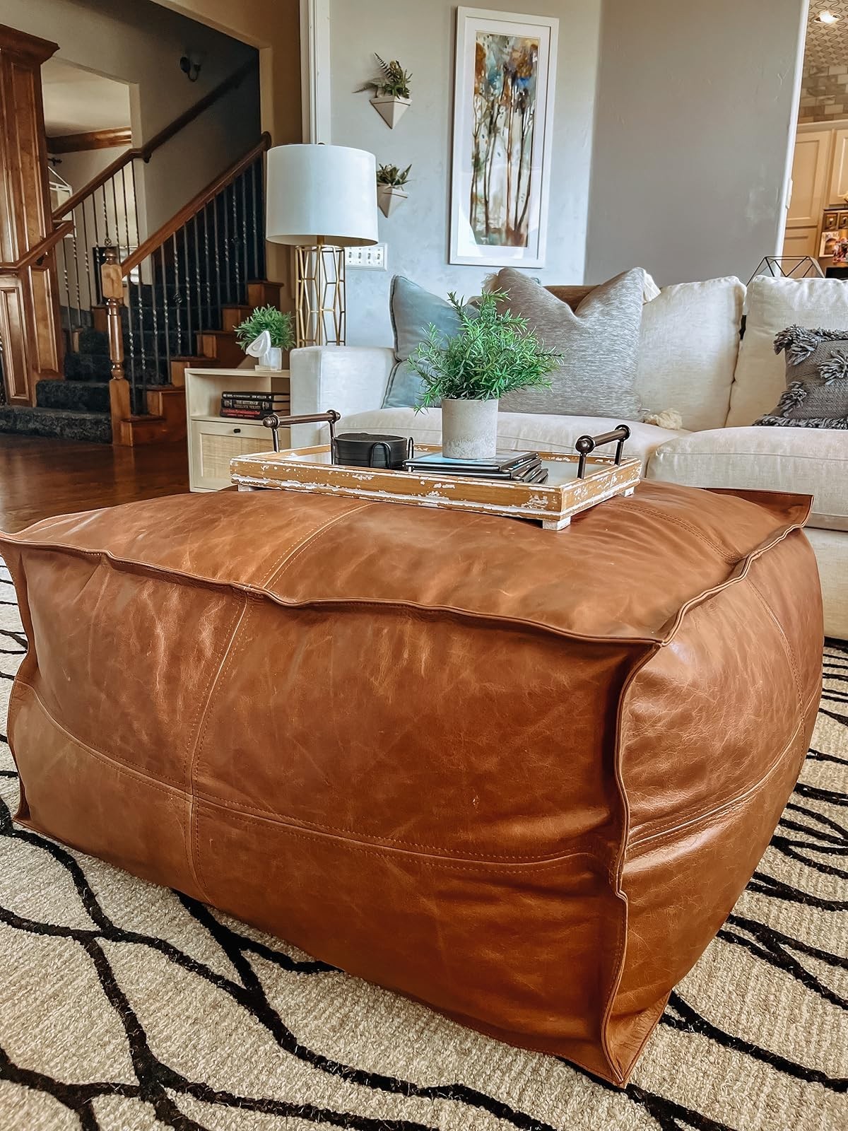 30'' Square Moroccan Ottoman Brown Genuine Leather Pouf Handmade Footstool