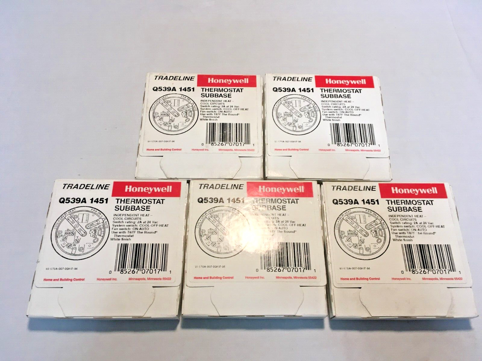 (5) Honeywell Tradeline Q539A 1451 Thermostat Subbase Ind. Heat-Cool Circuits