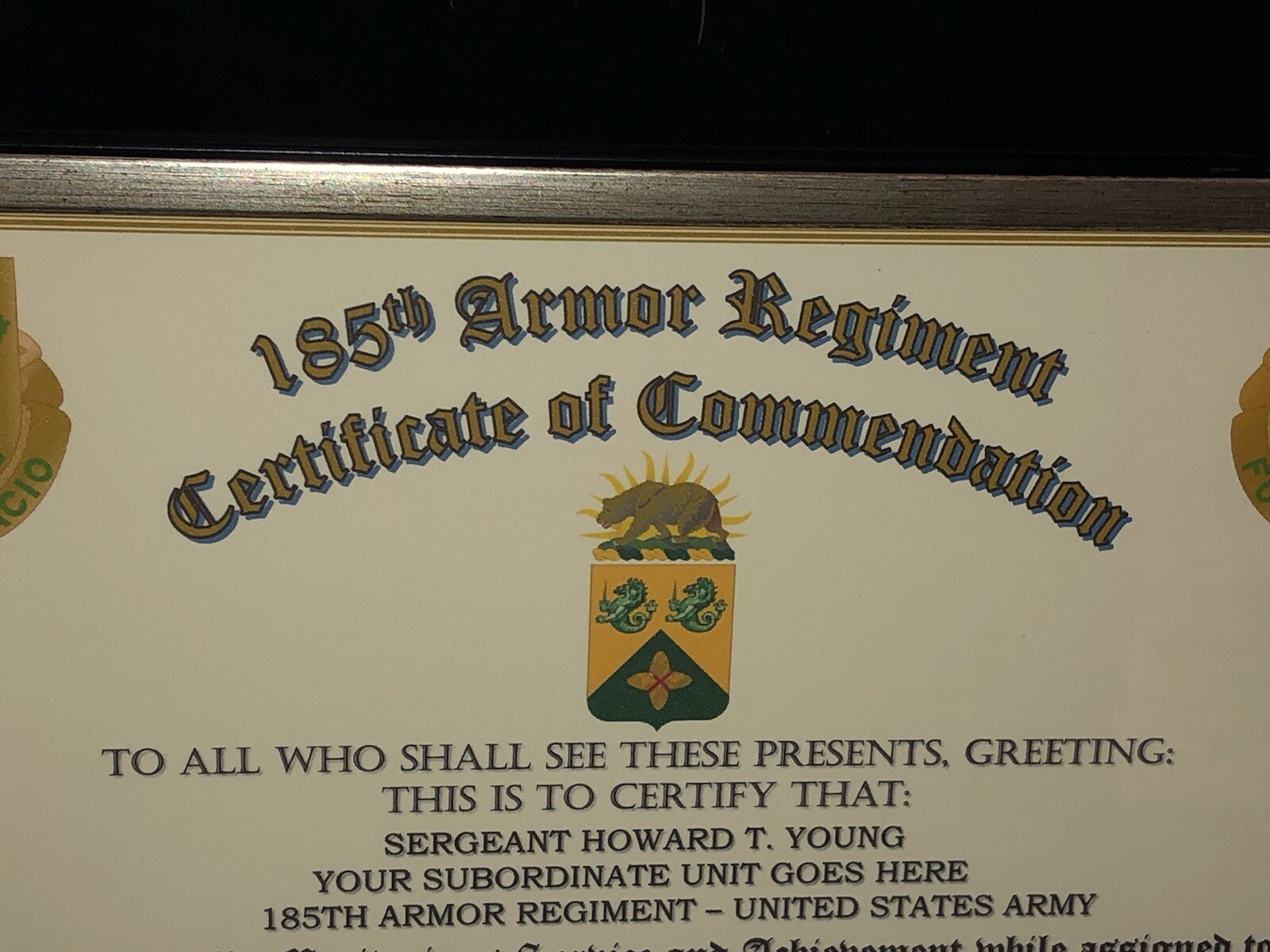185TH ARMORED REGIMENT / COMMEMORATIVE - CERTIFICATE OF COMMENDATION