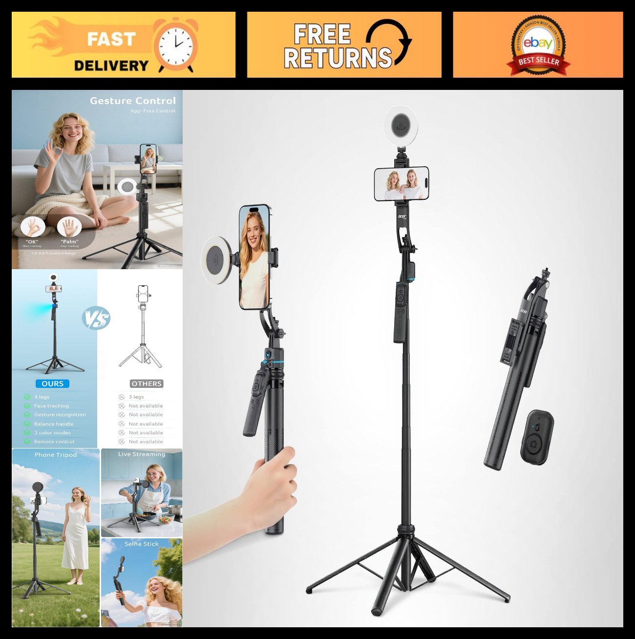 Auto Face Tracking Tripod 64" for iPhone/Android/Cameras, 360° Rotating, Light &
