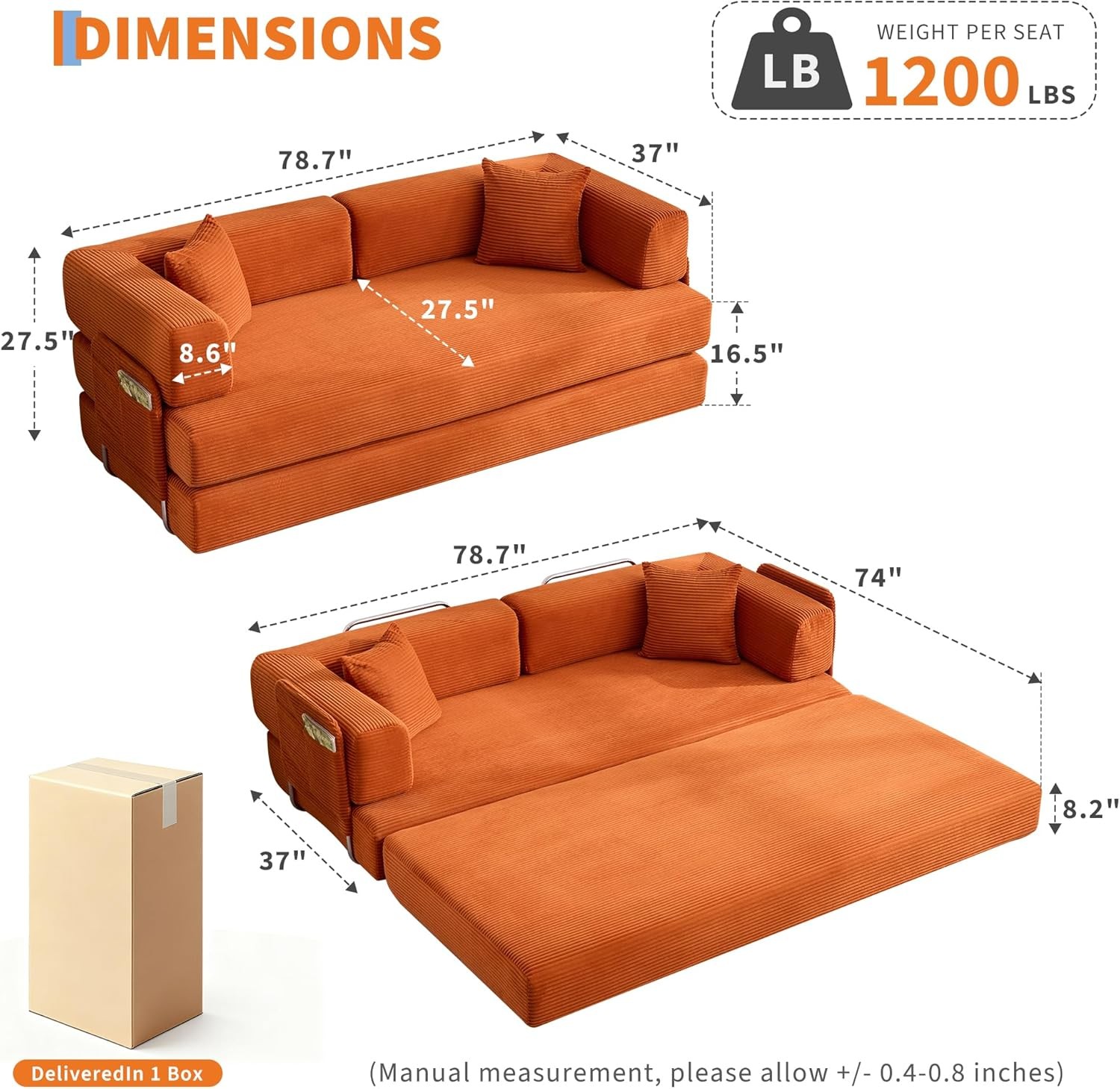 Convertible Sleeper Sofa Bed, 79" Floor Sofa Bed, 5-in-1 Folding Mattress Couch