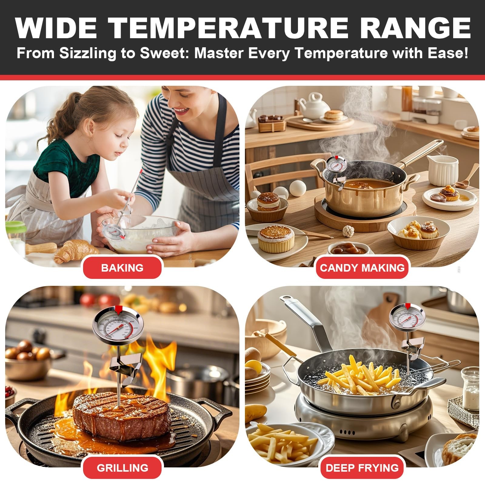 Candy Thermometer Waterproof - Oil Thermometer for Frying with Clips - 9" Sid...