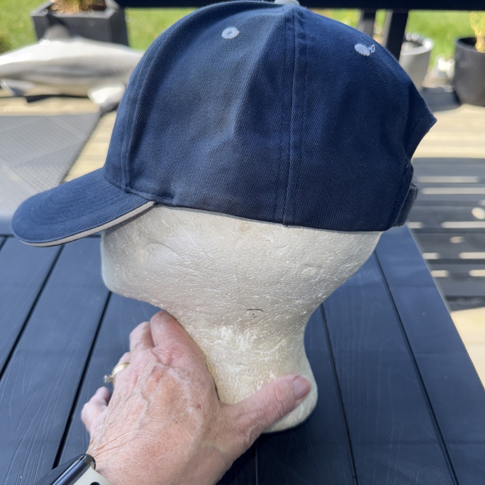 Enterprise Jet Center w Jet in Silver on Blue Hat Cap KHOU on Back Hook Loop