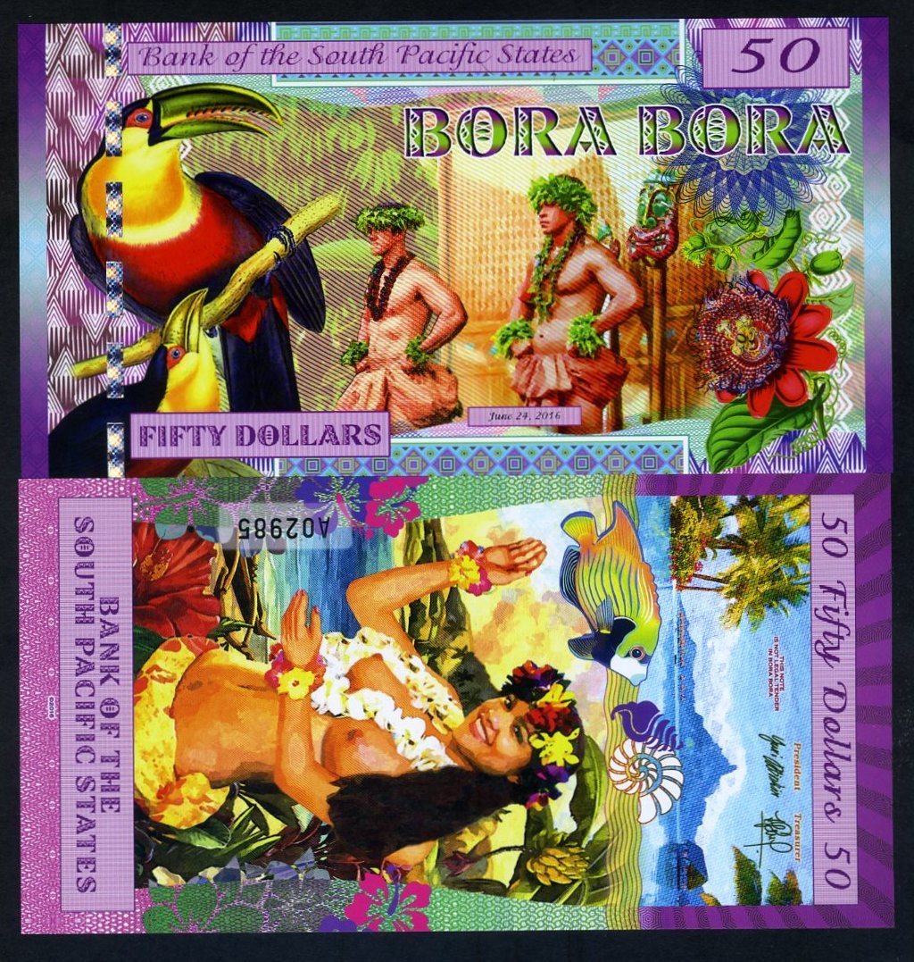 South Pacific States, $50 Bora Bora 2016, Polymer, UNC Toucan, Polynesian F