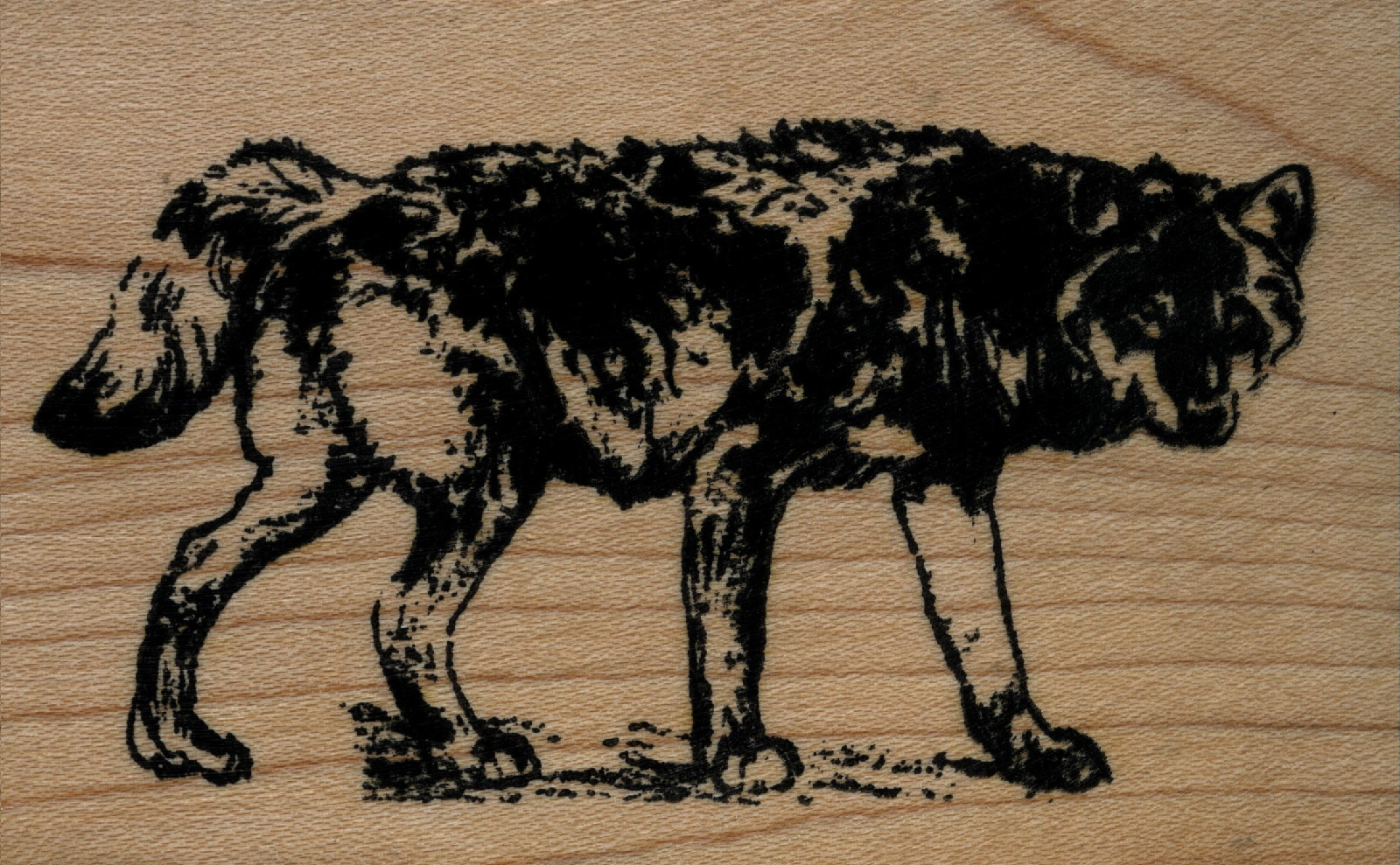mounted  rubber stamps  Charlie's Wolf walking Lg   wood mount 2 1/2" X 4"
