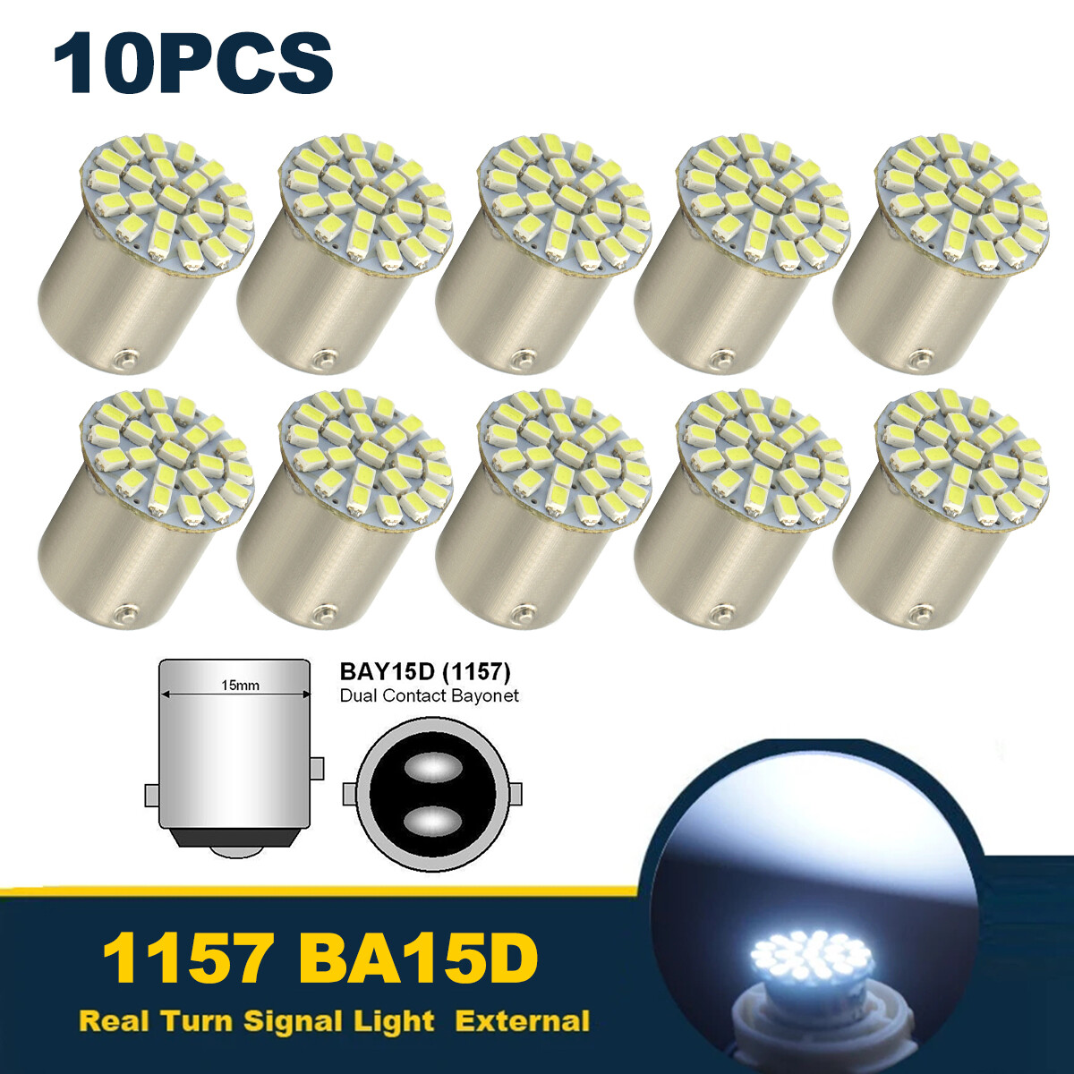 10Pcs 1157 BA15D Car LED Bulb 1206 22SMD Light Brake/Turn/Tail/Revese Lamp White