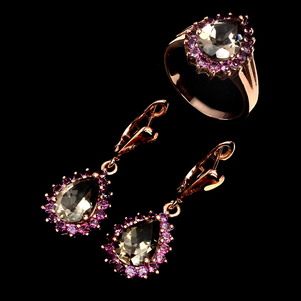 925 Sterling Silver Ring Pear Smoky Quartz Rhodolite Garnet Gemstone Jewelry