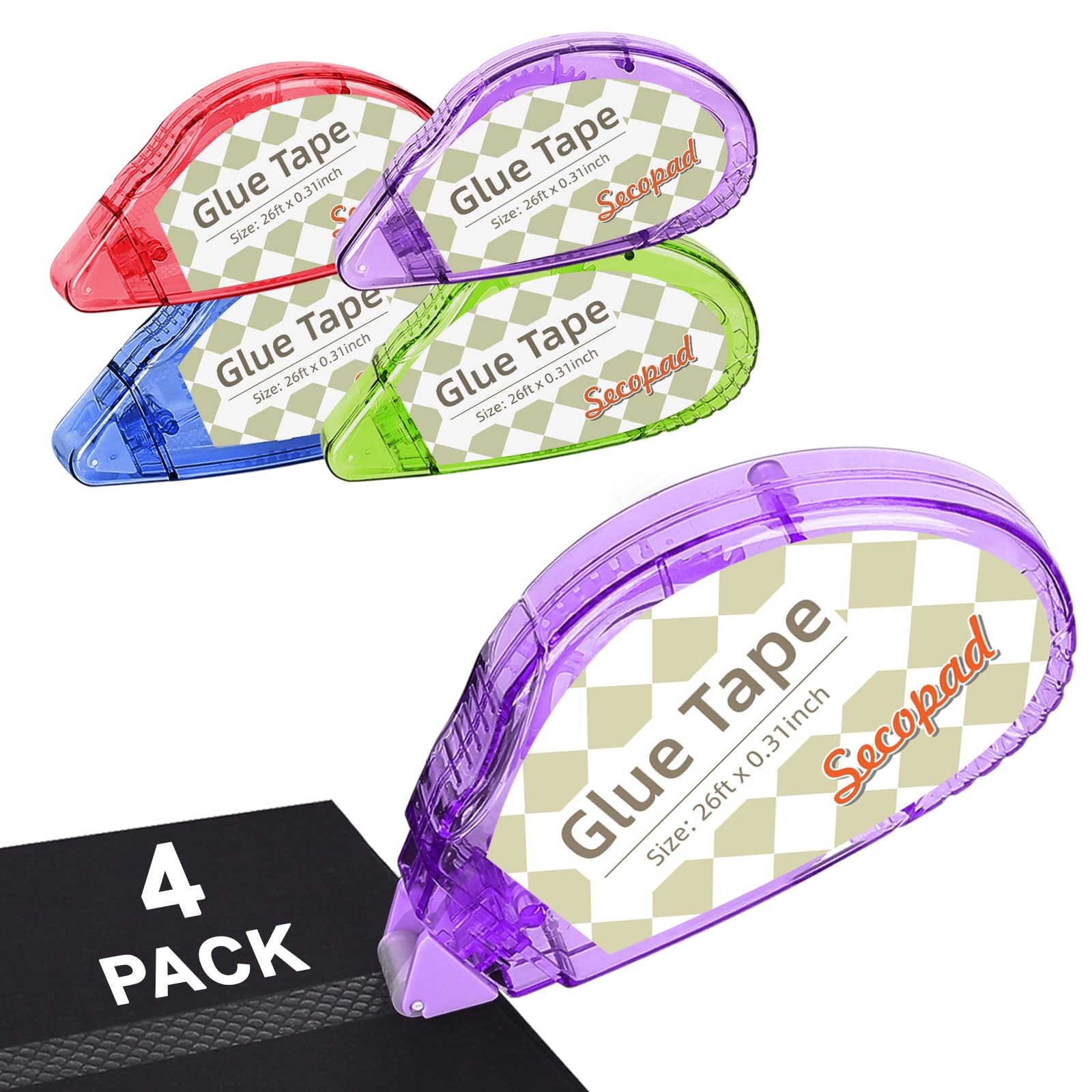 Secopad Scrapbook Tape, 4 Pack Double Sided Tape Roller Clear Colored Shell