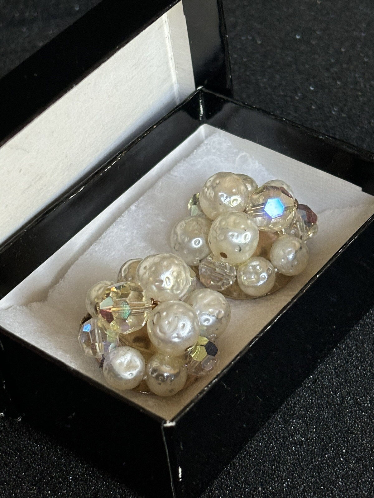 Vintage crystal and faux pearl cluster clip earrings