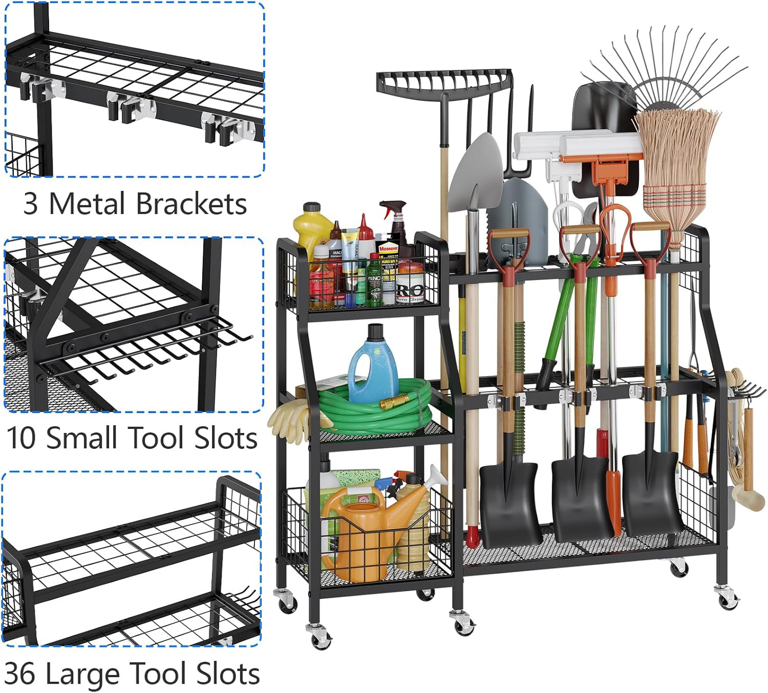 Garden Tool Organizer with 6 Wheels(3 Lockable), Heavy Duty Yard Tool Organizer