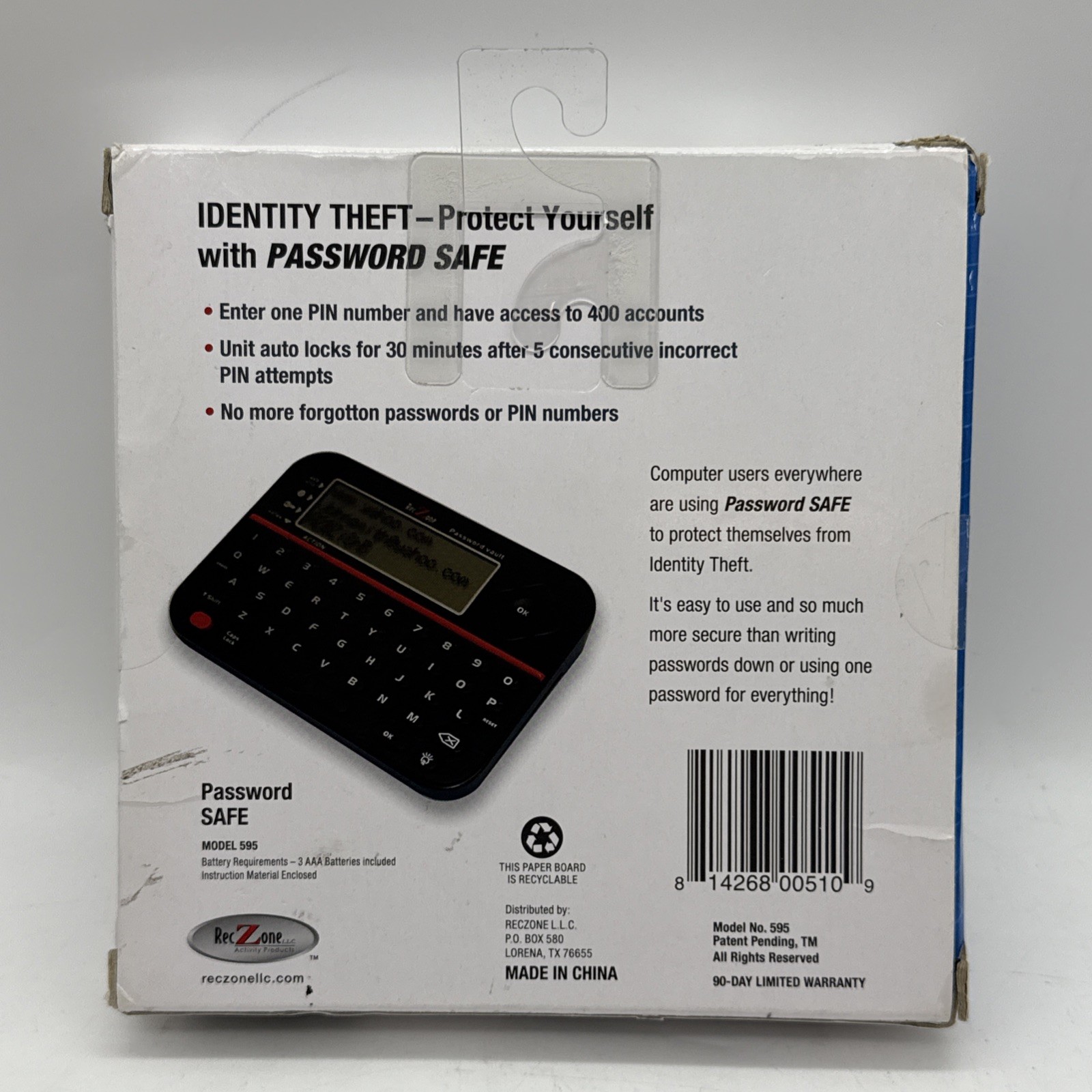 RecZone Password Safe Backlit LCD Built In Memory QWERTY Keyboard Model 595 ST2