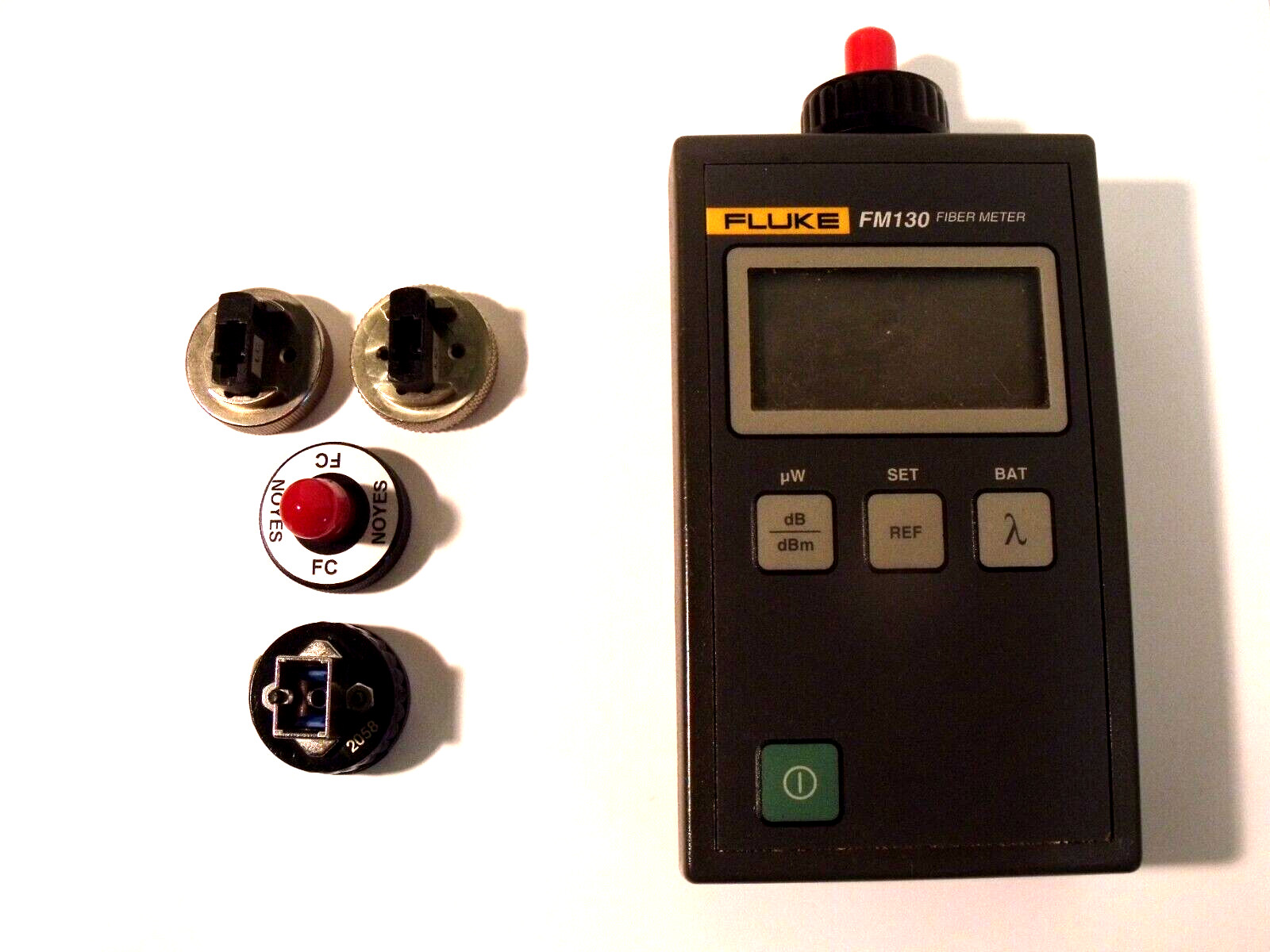 Fluke FM130 Fiber Meter w/ (5) Fiber Adapter Caps:  (2) FC, (2) LC & (1) SC