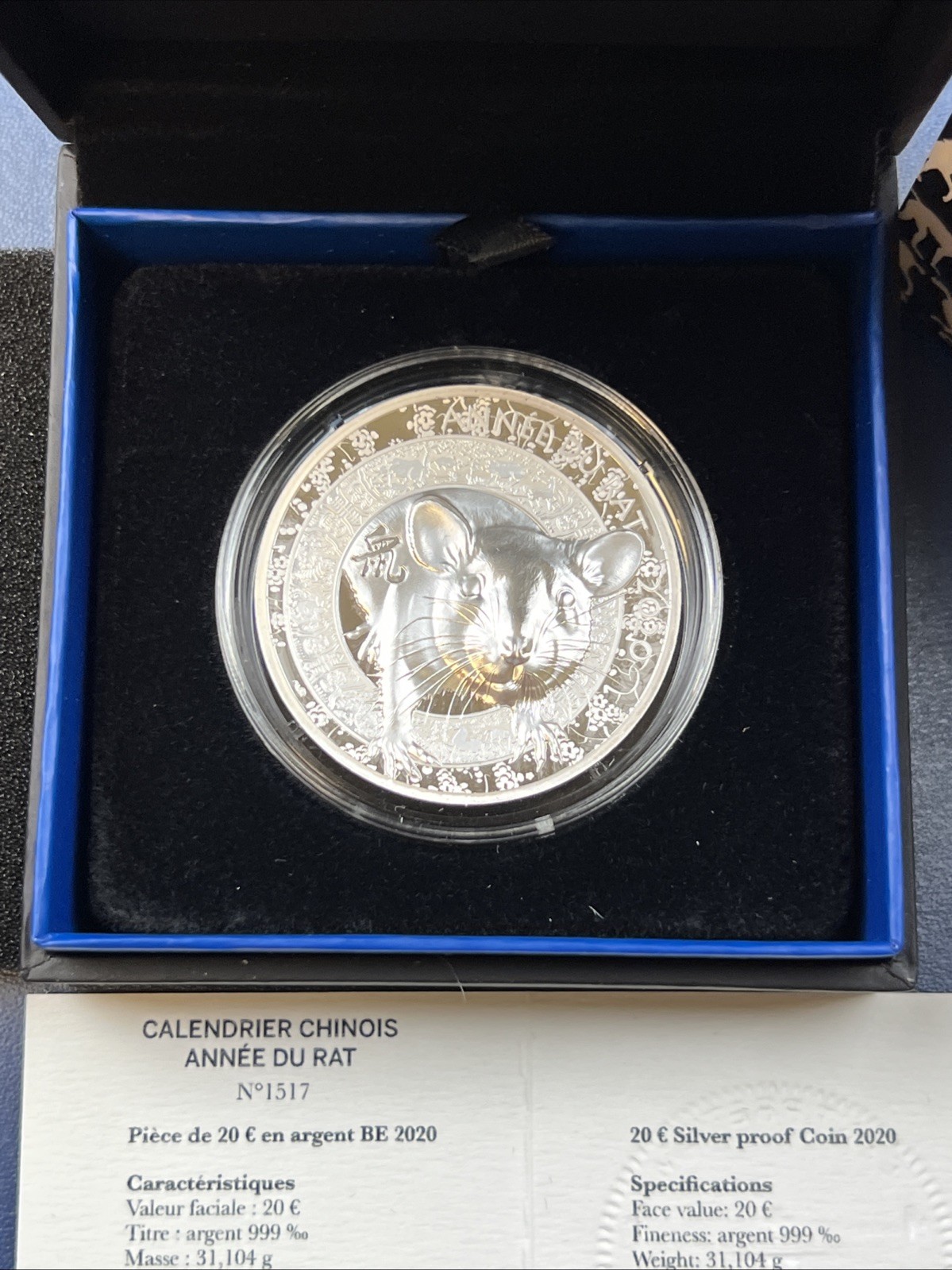 2020 France  Lunar Year of The Rat  Silver Coin 1oz Proof 20€ High Relief   Rare