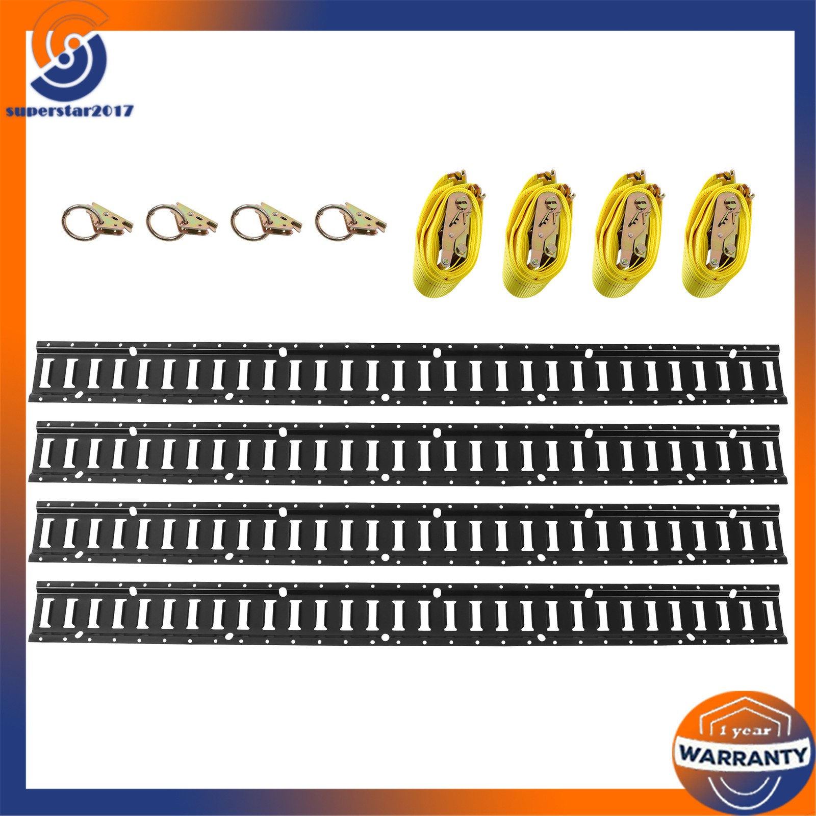 12PCS BLK Powder Coated E-Track Rail Kit 4x 5ft Rails 4 O-Ring Anchors With Tie