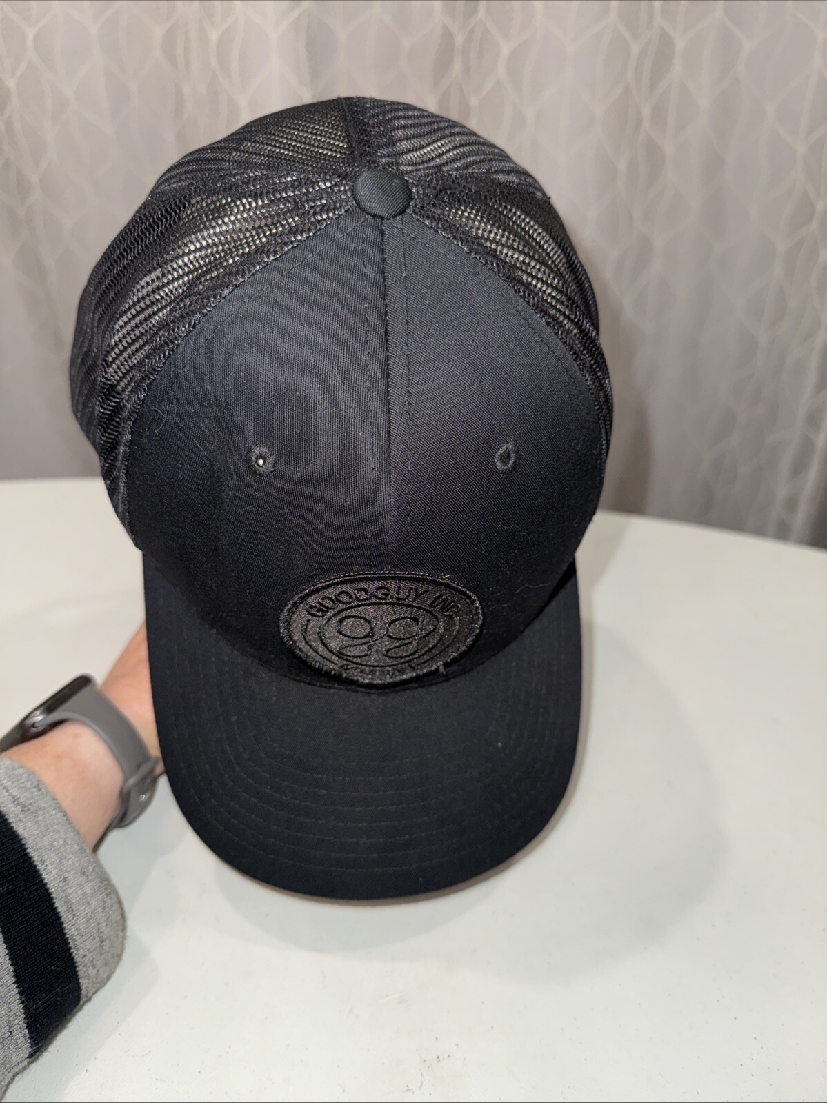 GG Good Guy Inc MMXVI Black patch on Black Trucker Hat Cap Black Mesh EUC