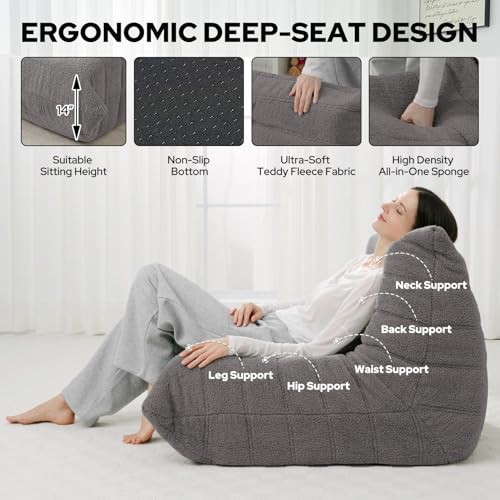 Bean Bag Chairs Fireside Lazy Floor Sofa, Soft Teddy Fleece Single Dark Grey