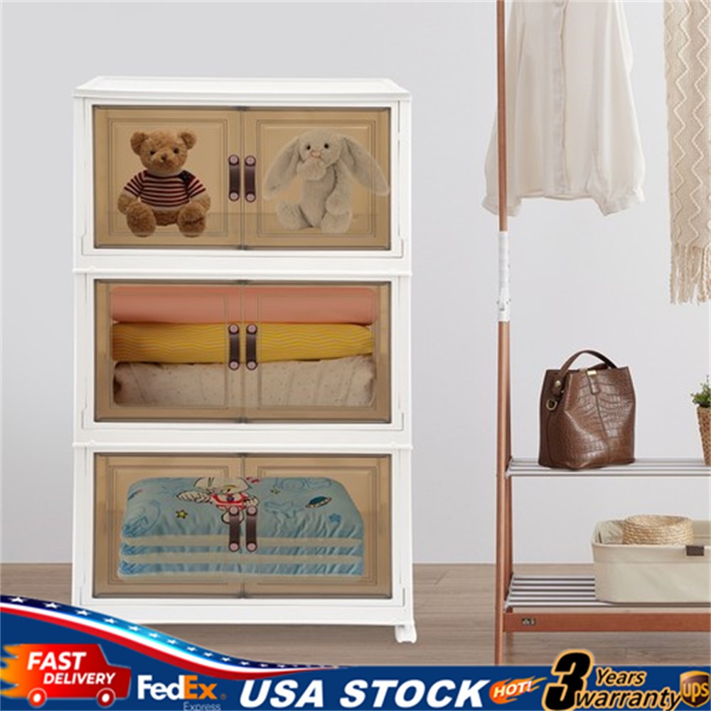 3-Tier Stackable Storage Bins with Lids & Wheels Foldable Closet Organizer Box