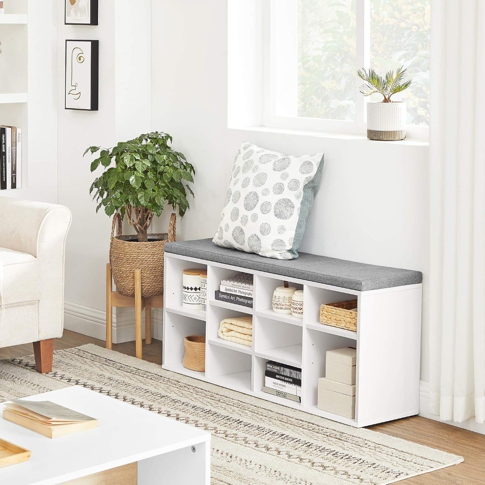 Shoe Bench with Padded Seat Storage Entryway Bench 10 Compartments Cloud White
