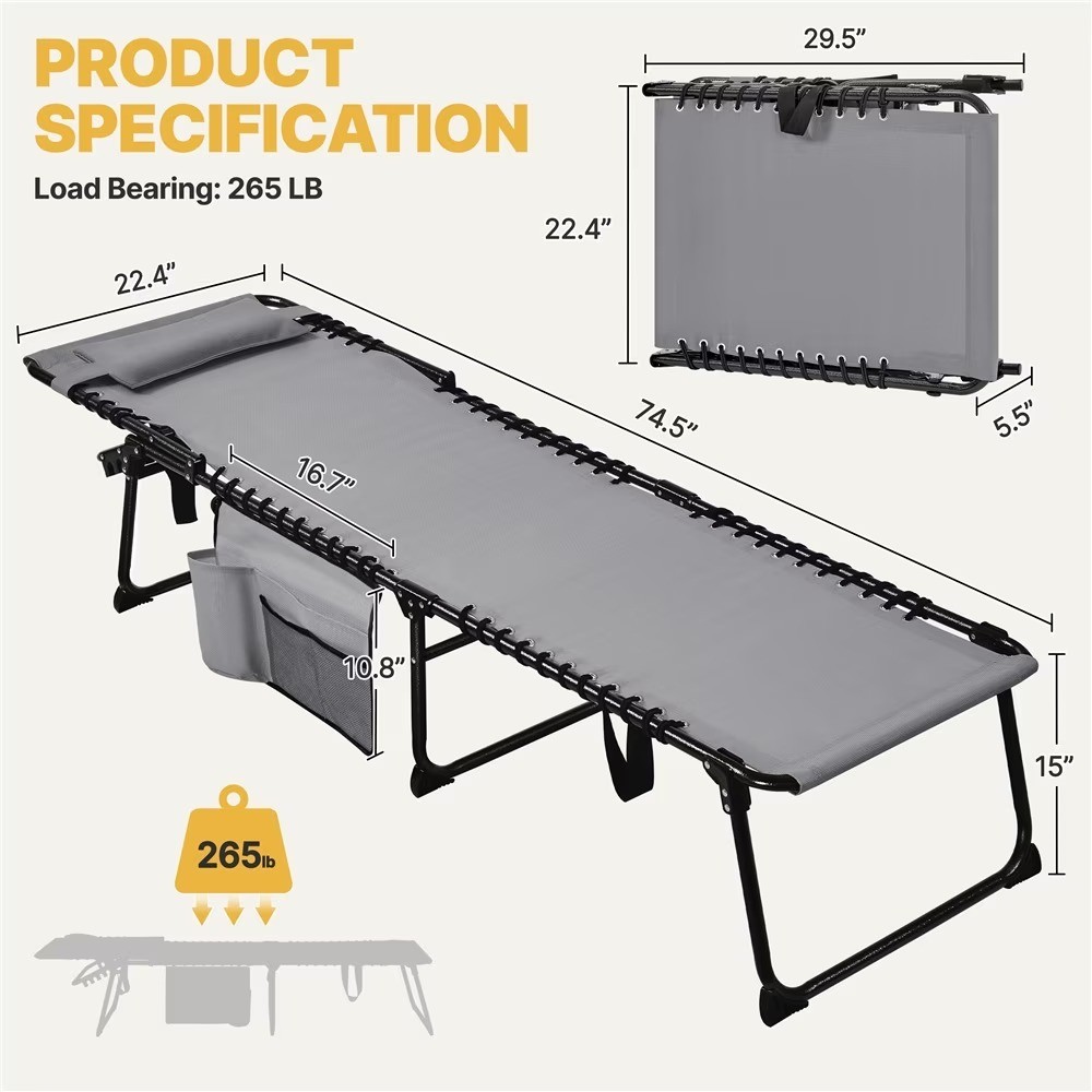 Outdoor Folding Tanning Chair with 5 Back Position, Gray