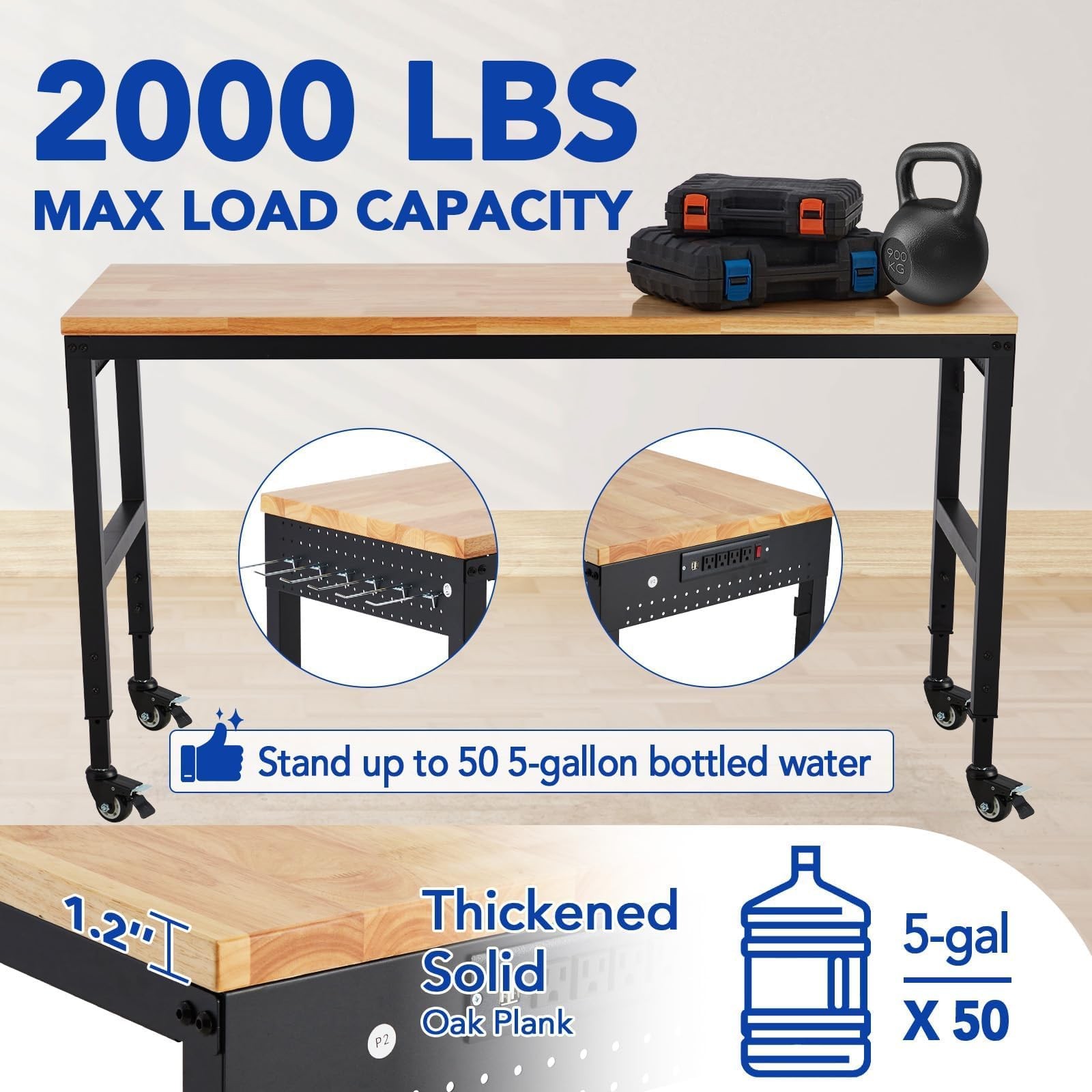 Adjustable Workbench 72"x25" Garage Work Table Rubberwood Top with Power Outlets
