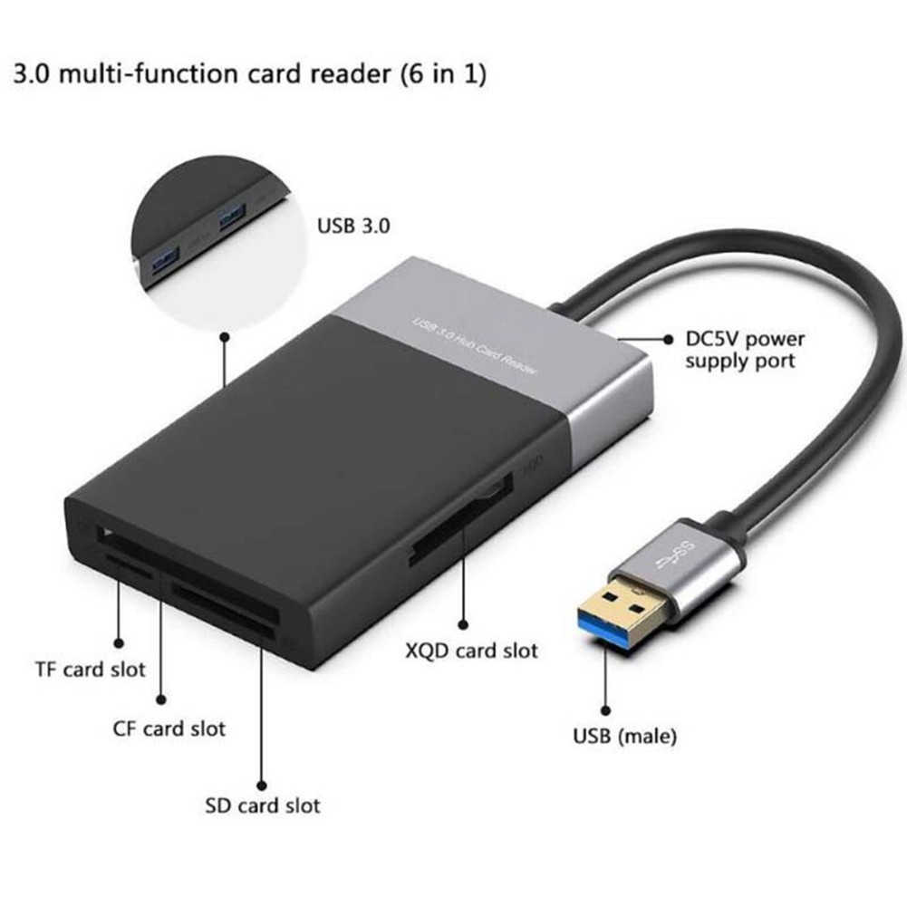 6 in 1 USB 3.0 Multi-Function To SD/TF/CF Card /XQD Card Reader Adapter Hub Kit