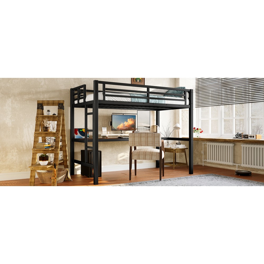 Metal Twin Loft Bed w/ Power Outlet & LED Light, Space-Saving, Black