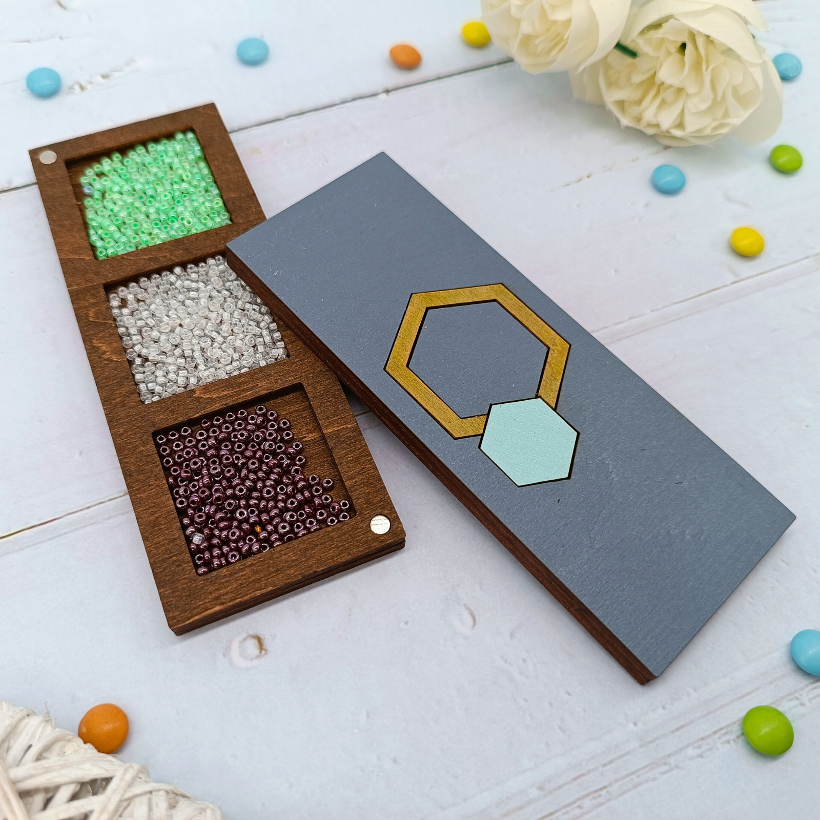 Wooden Bead Organizer with cover– Keep Your Crafting Neat and Tidy Geometry