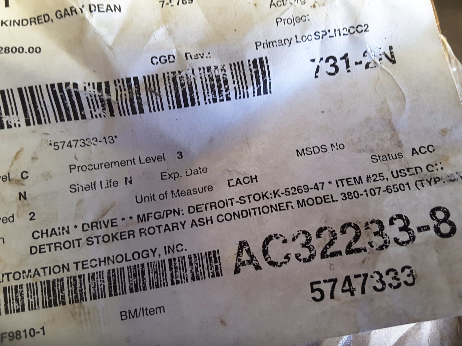 Detroit Stoker K-5269-47 Chain drive Sproket Rotary ash 380-107-6501 New $199