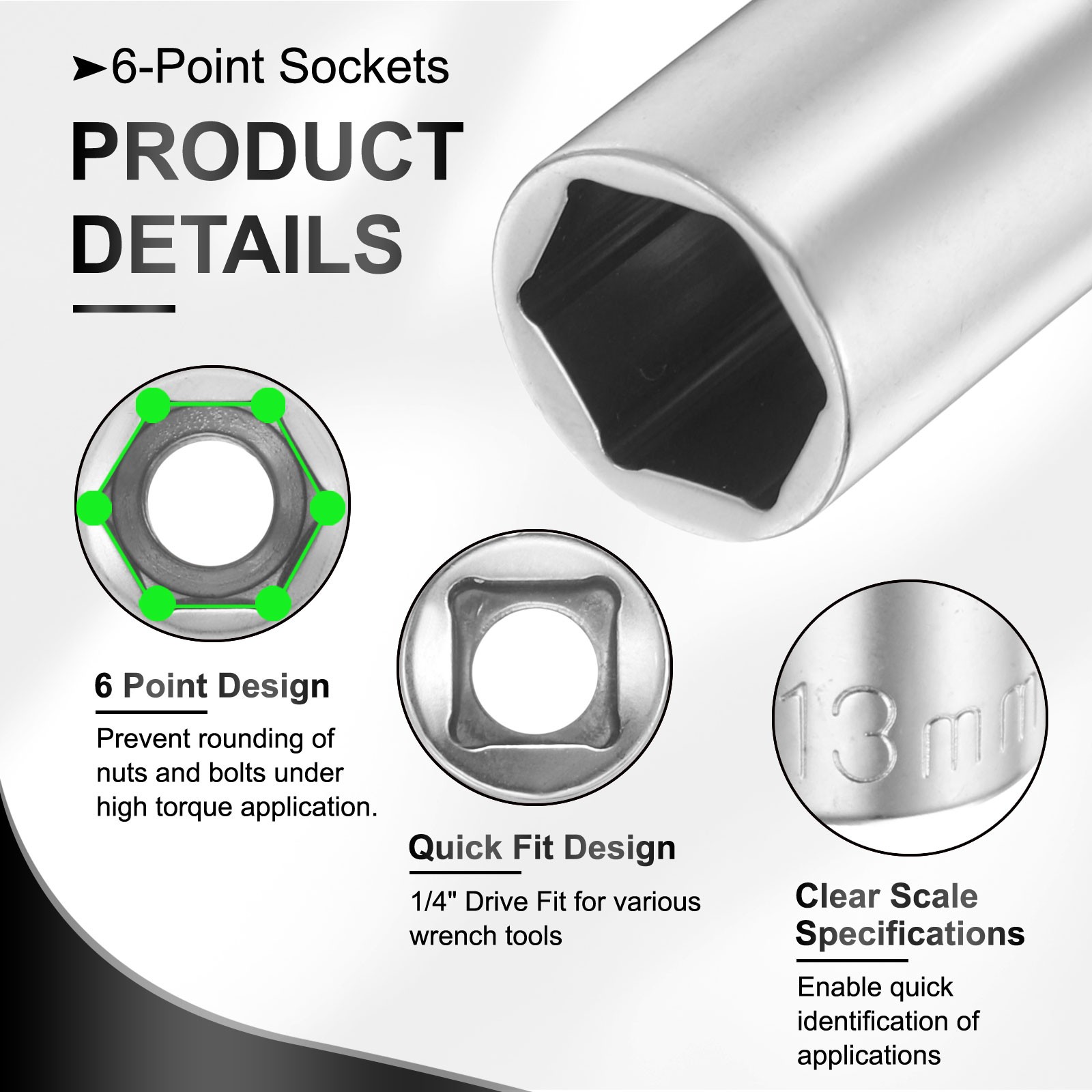 6 Points Deep Socket 1/4" Drive 13mm Nickel Plating Flip Sleeve 2" Long