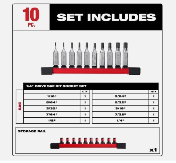 Milwaukee Socket Set Hex Bit 10 Piece 1/4" Drive SAE 48-22-9540 NEW