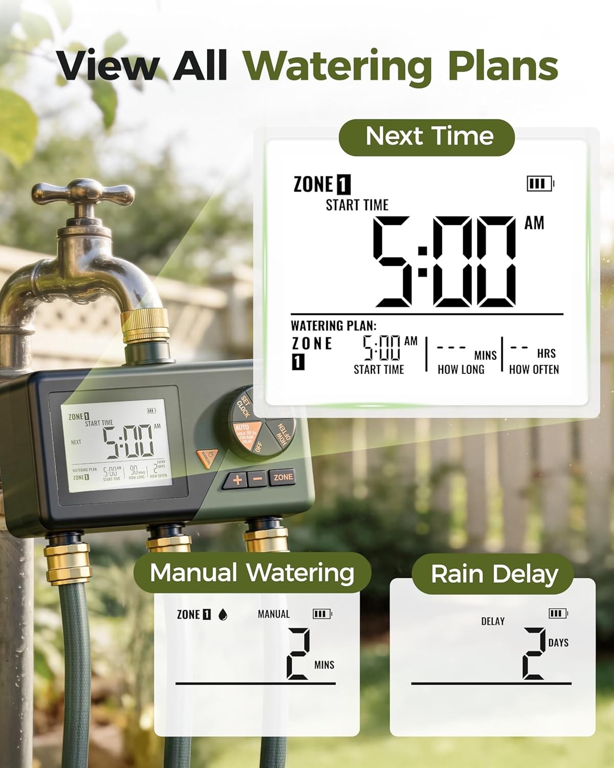 Sprinkler Timer 3 Zone Water Hose Timer for Garden Rain Delay Manual / Auto Mode