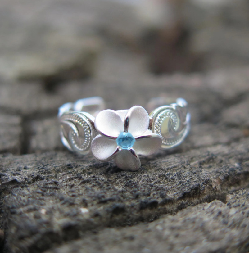 Sterling Silver Blue Stone Plumeria Hawaii Flower Hawaiian Scroll Band Toe Ring