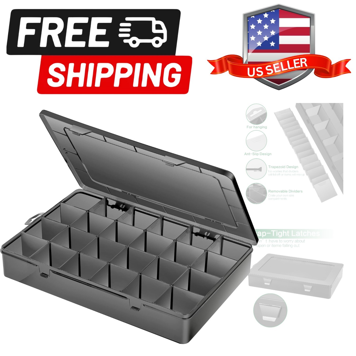 Large 24 Grids Plastic Organizer Box Adjustable Dividers,Clear Storage Box fo...