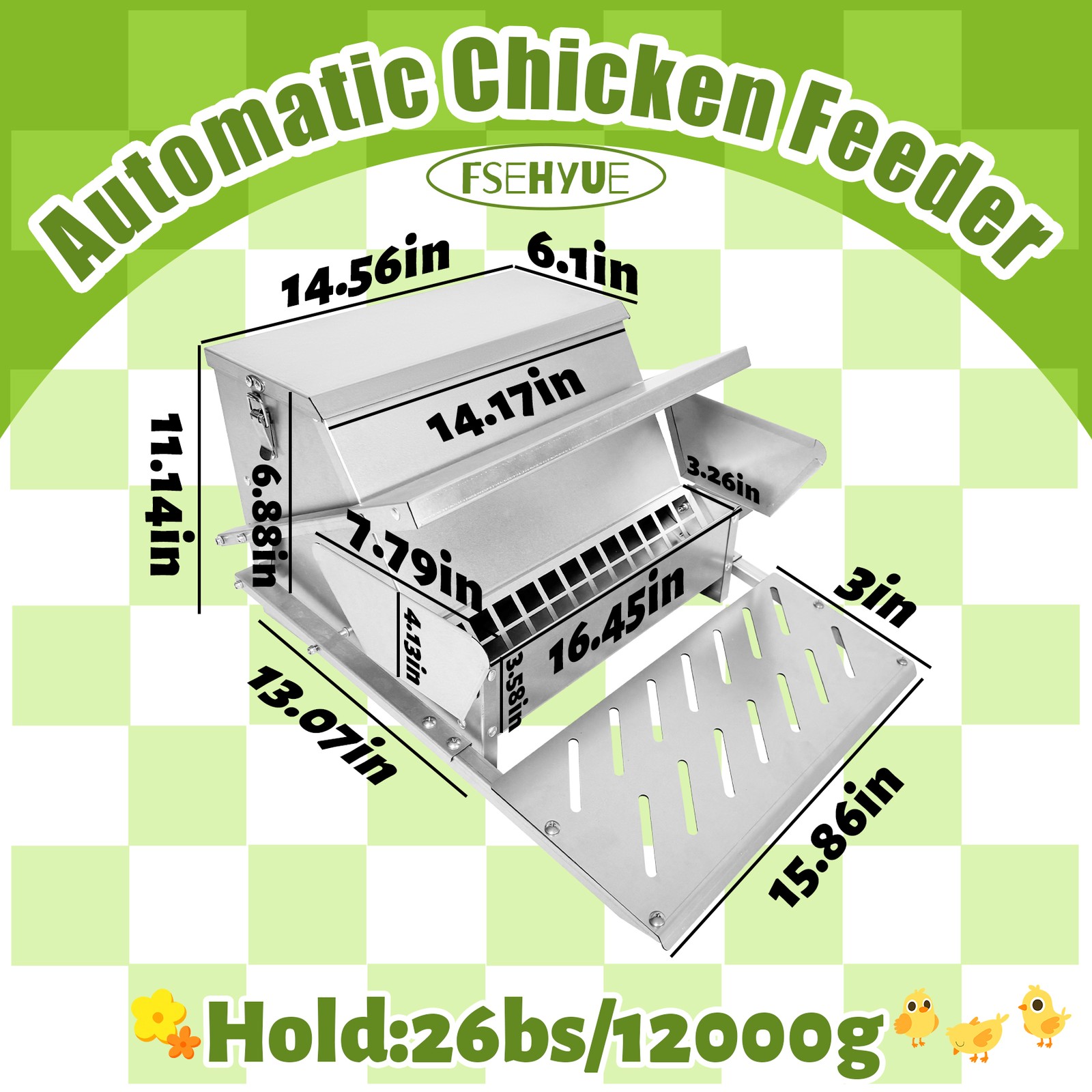 Galvanized Steel Automatic Chicken Feeder Weatherproof 20lb Feed Container