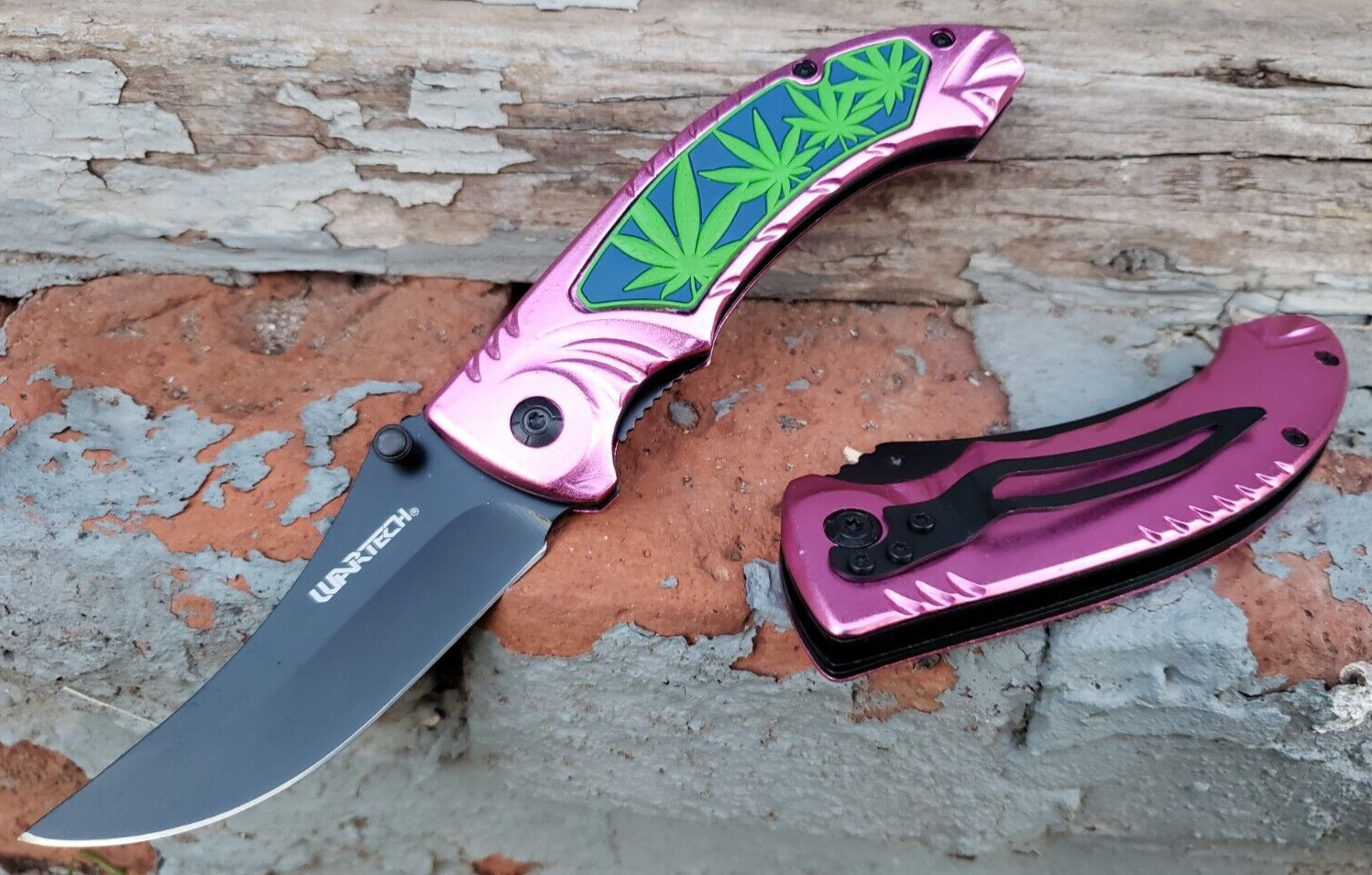 Pink Black Pot Leaf Design Spring assisted Pocket Knife Thumb Stud EDC 5.3 OZ