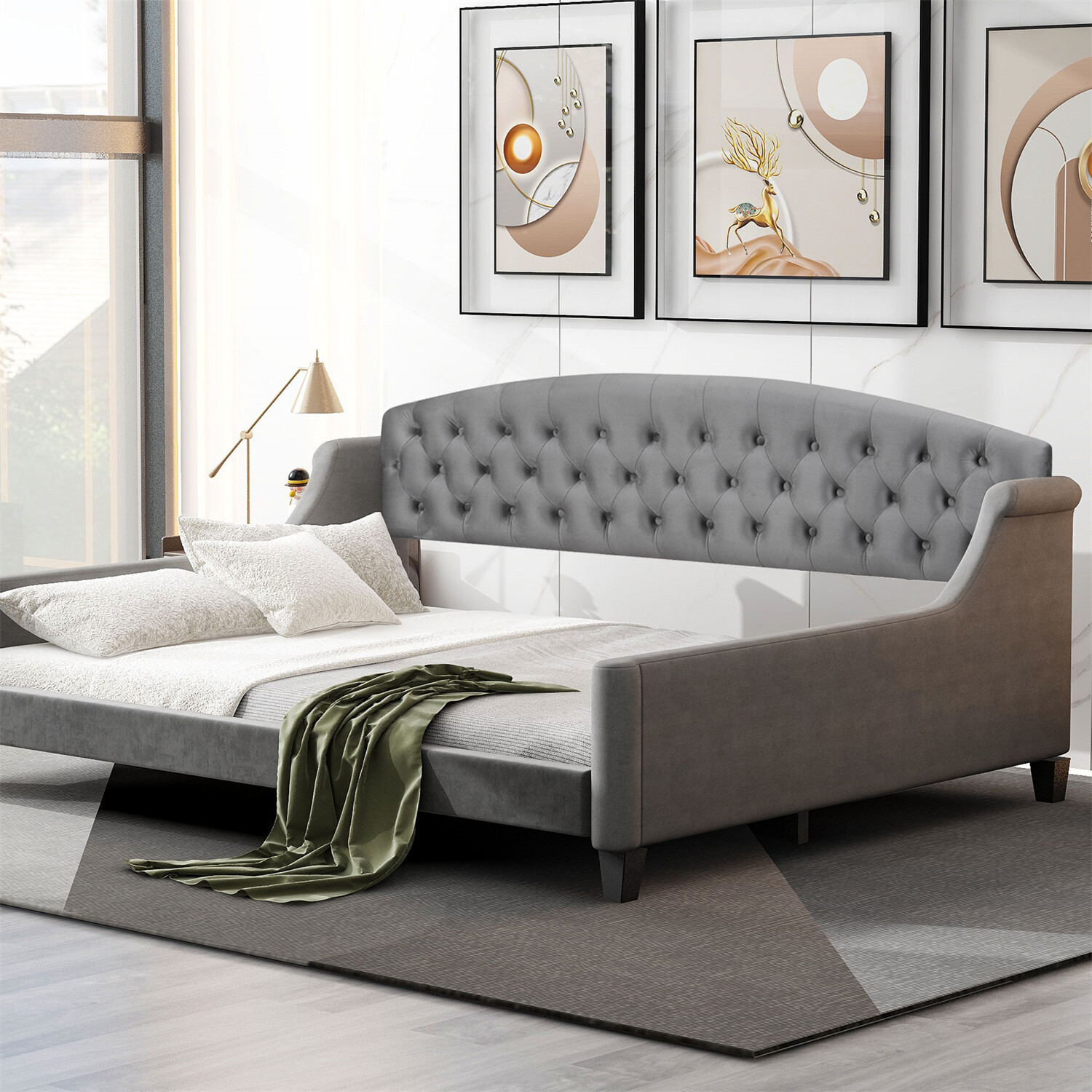 Full Size Daybed Bed Frame Sofa Bed Wooden Slat Support Bedroom Furniture