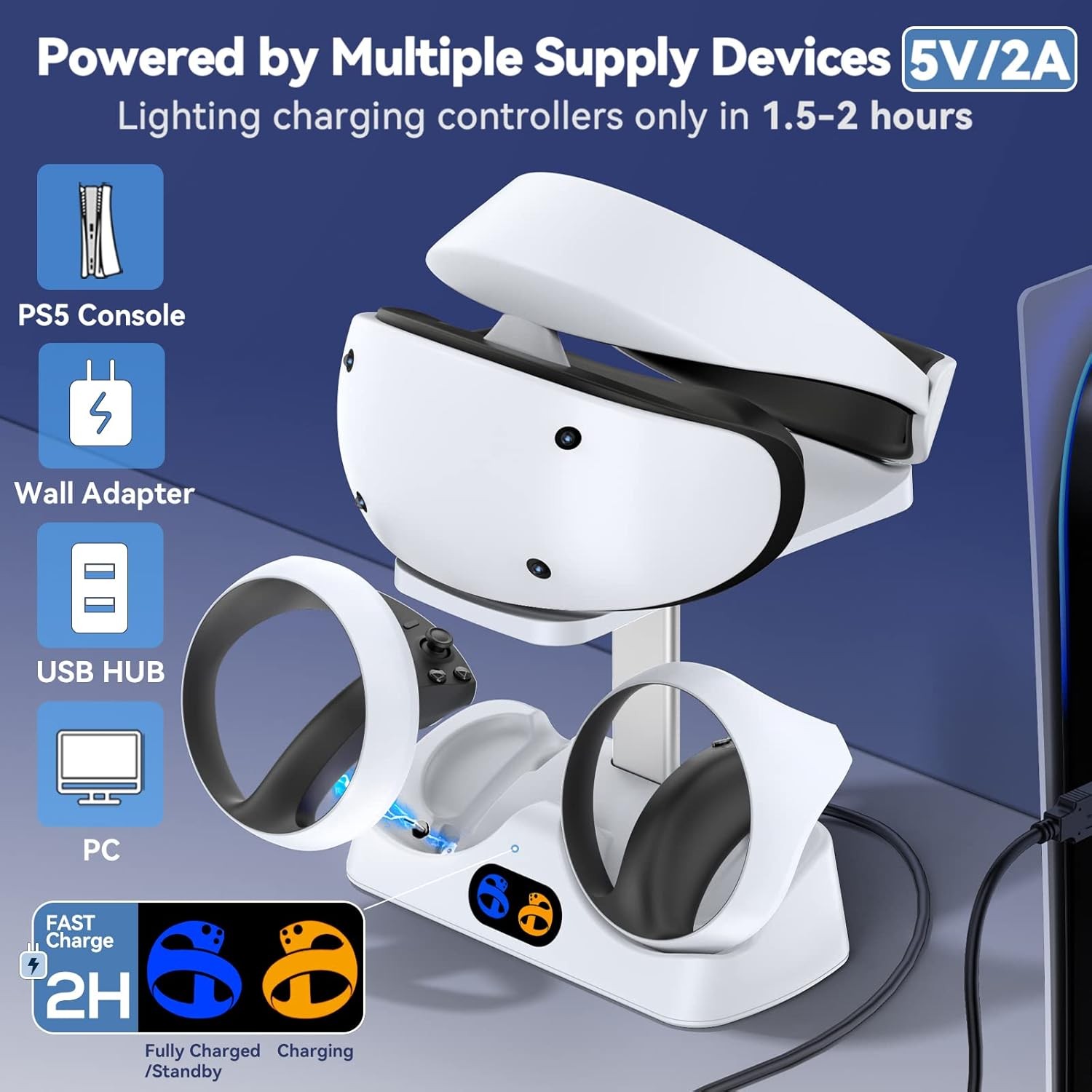 PS5 VR2 Controller Charging Dock & Headset Stand, LED Indicator, Type-C Cable