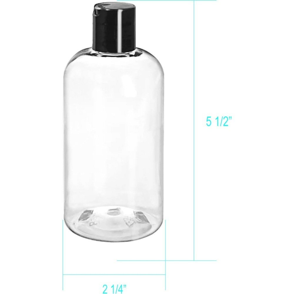 Clear Plastic Empty Bottles 8 oz with Black Disc Top Caps, Squeezable Refillable