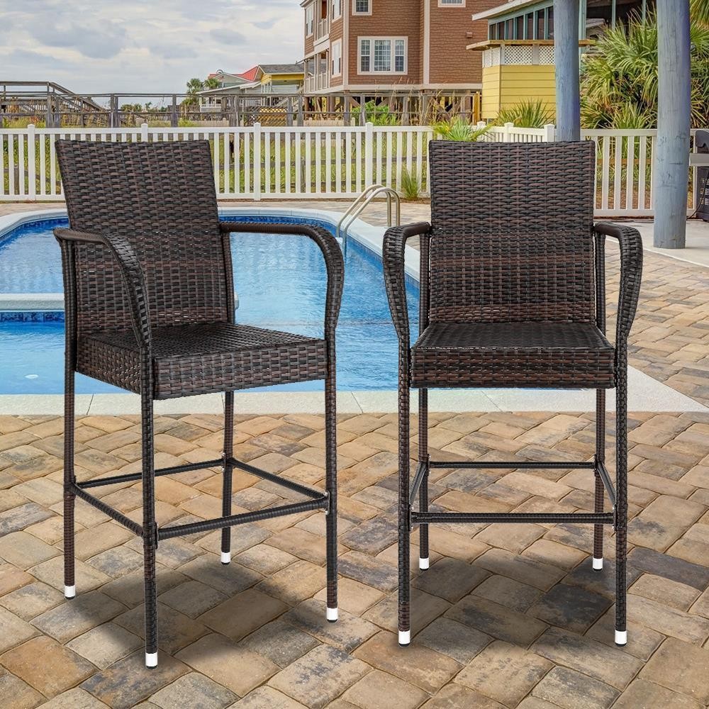 2PCS Wicker Bar Stool Rattan Brown Chair Patio Furniture In/Outdoor Backyard