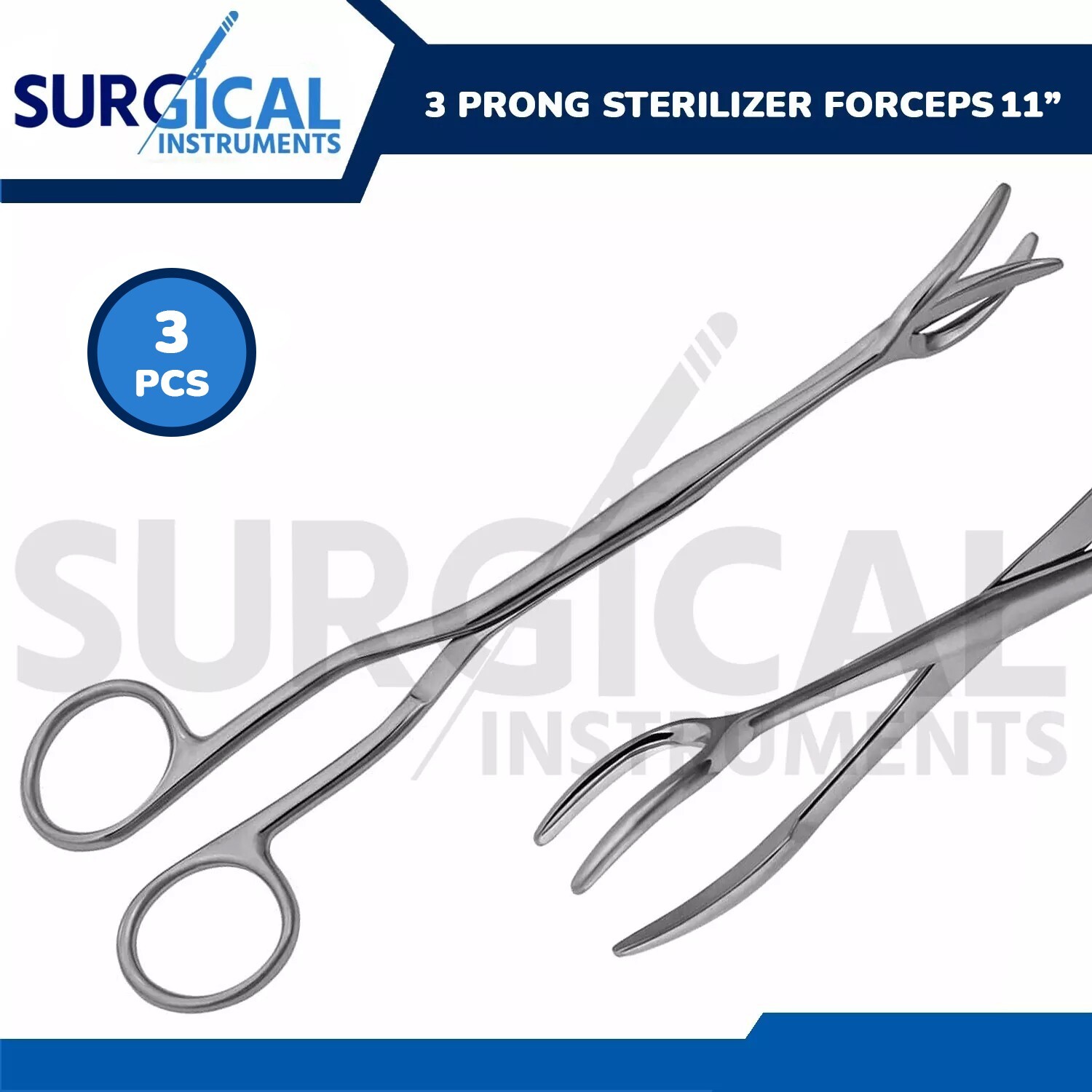 3 Pcs 3-Prong Sterilizer Forceps Surgical Sterilizing Aid 11" German Grade