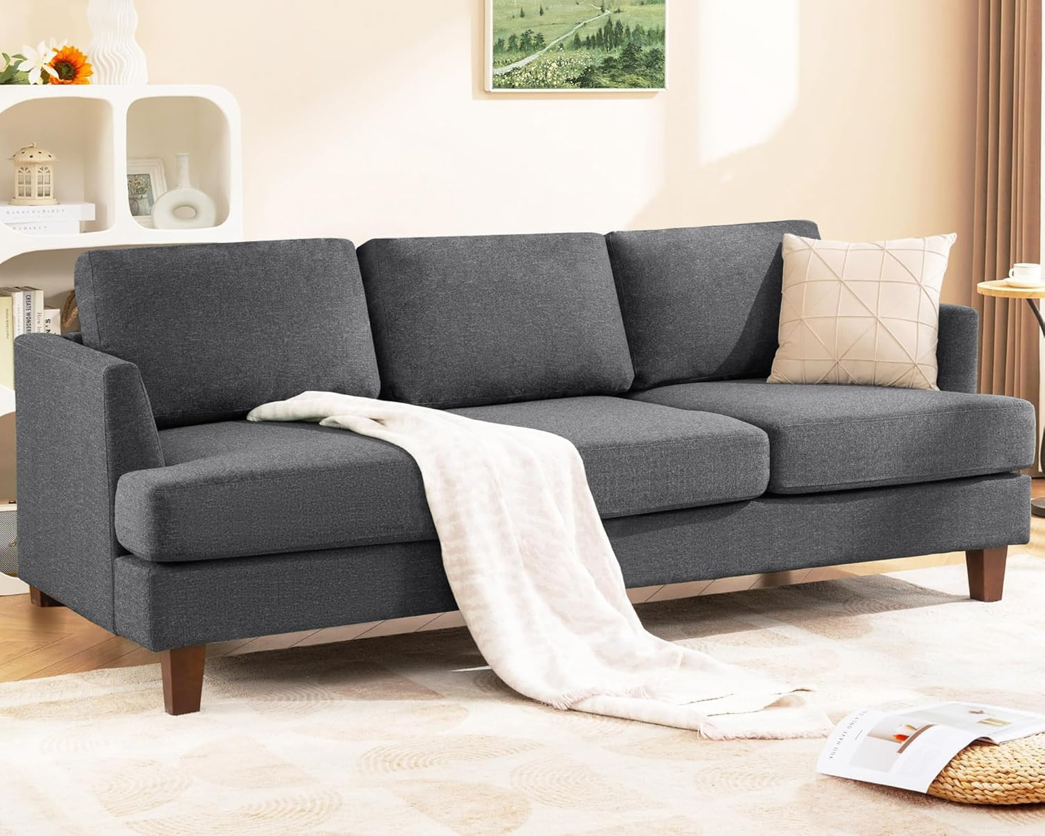 3 Seater Sofa Couch with Deep Seats, 89" Mid Century Modern Upholstered Sofa wit