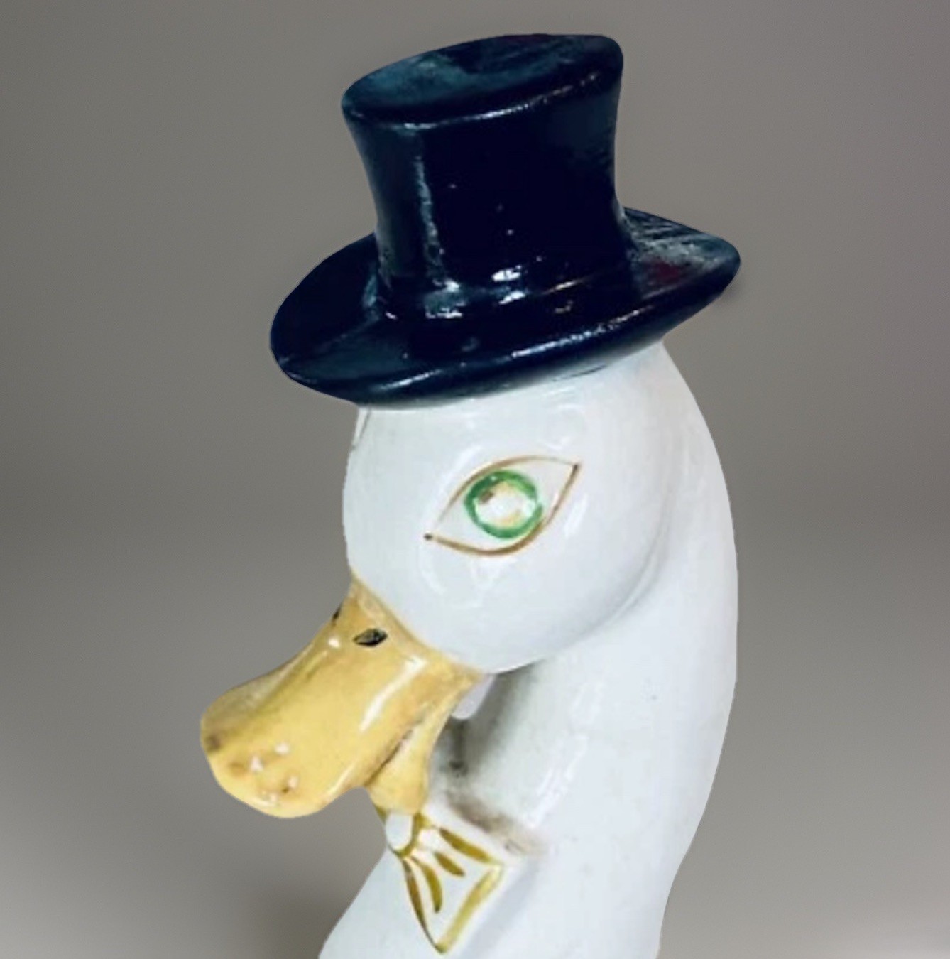 1920s Ceramic dapper duck anthropomorphic planter top hat bow tie 7” Tall