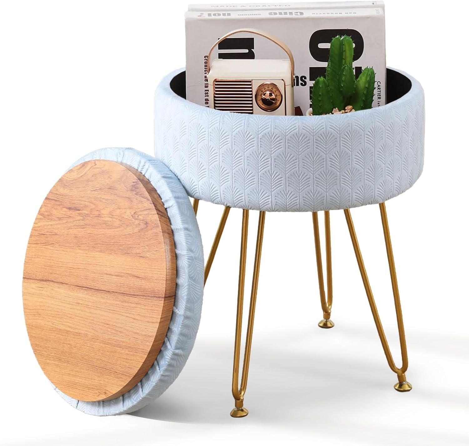 Velvet Storage Ottoman Round Footrest Stool Multifunctional Upholstered Ottoman