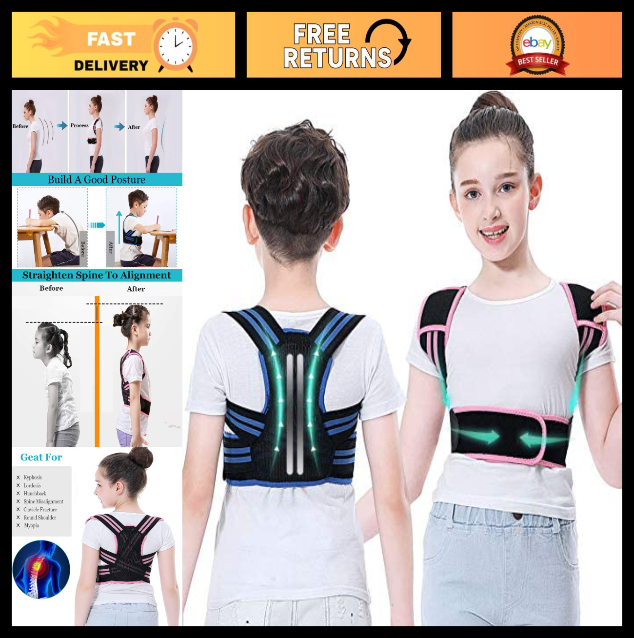 Adjustable Posture Corrector for Kids & Teens - Upper Back Brace for Slouching,