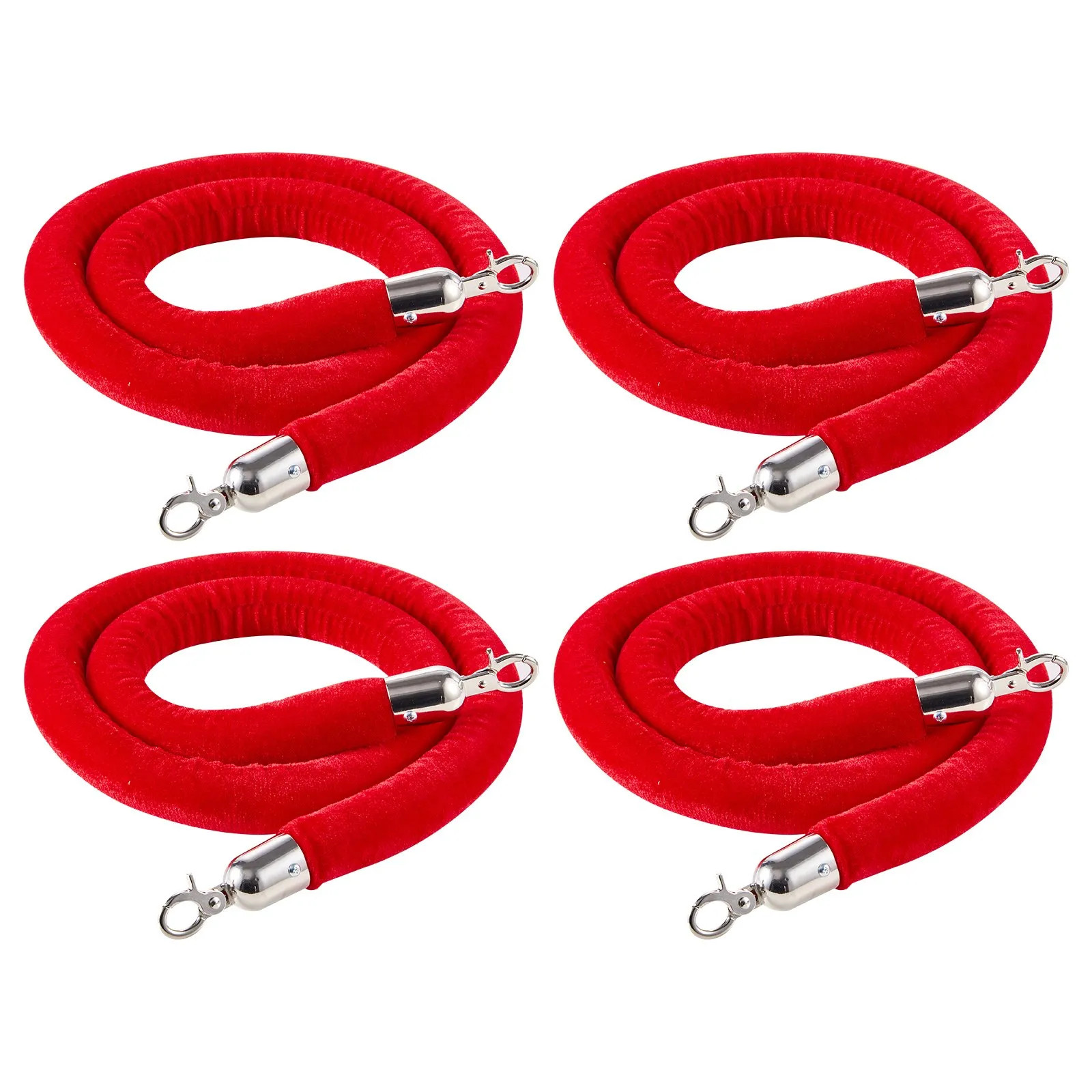 4PCS Red Velvet Stanchion Ropes 5ft Crowd Control w/ Silver Hooks
