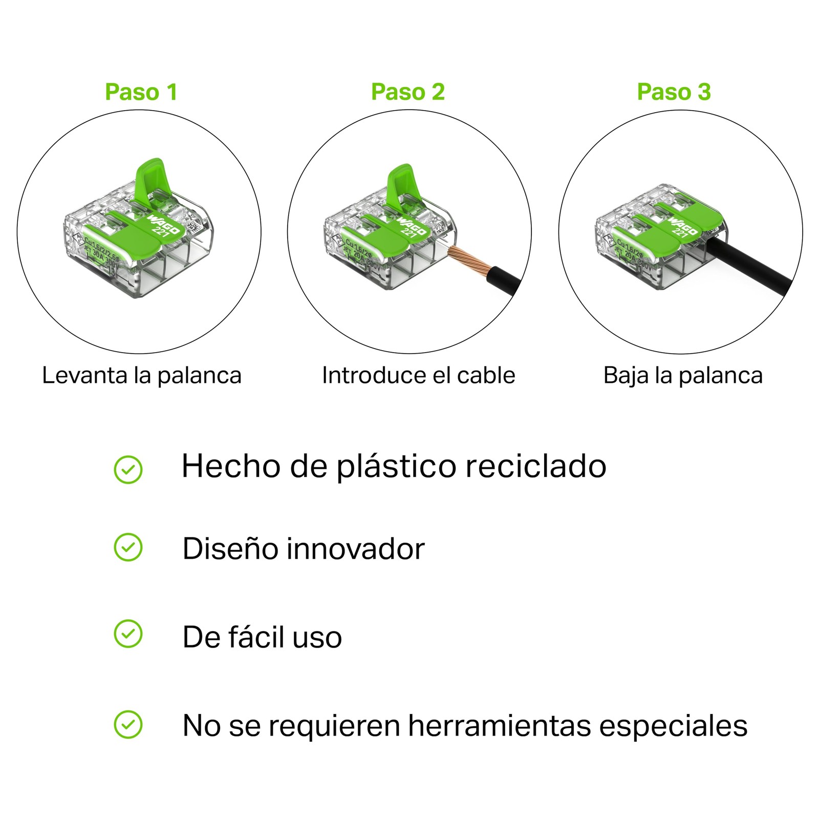 221422 | WAGO Splicing Connector Green Range | for Solid, Stranded and fineSt...
