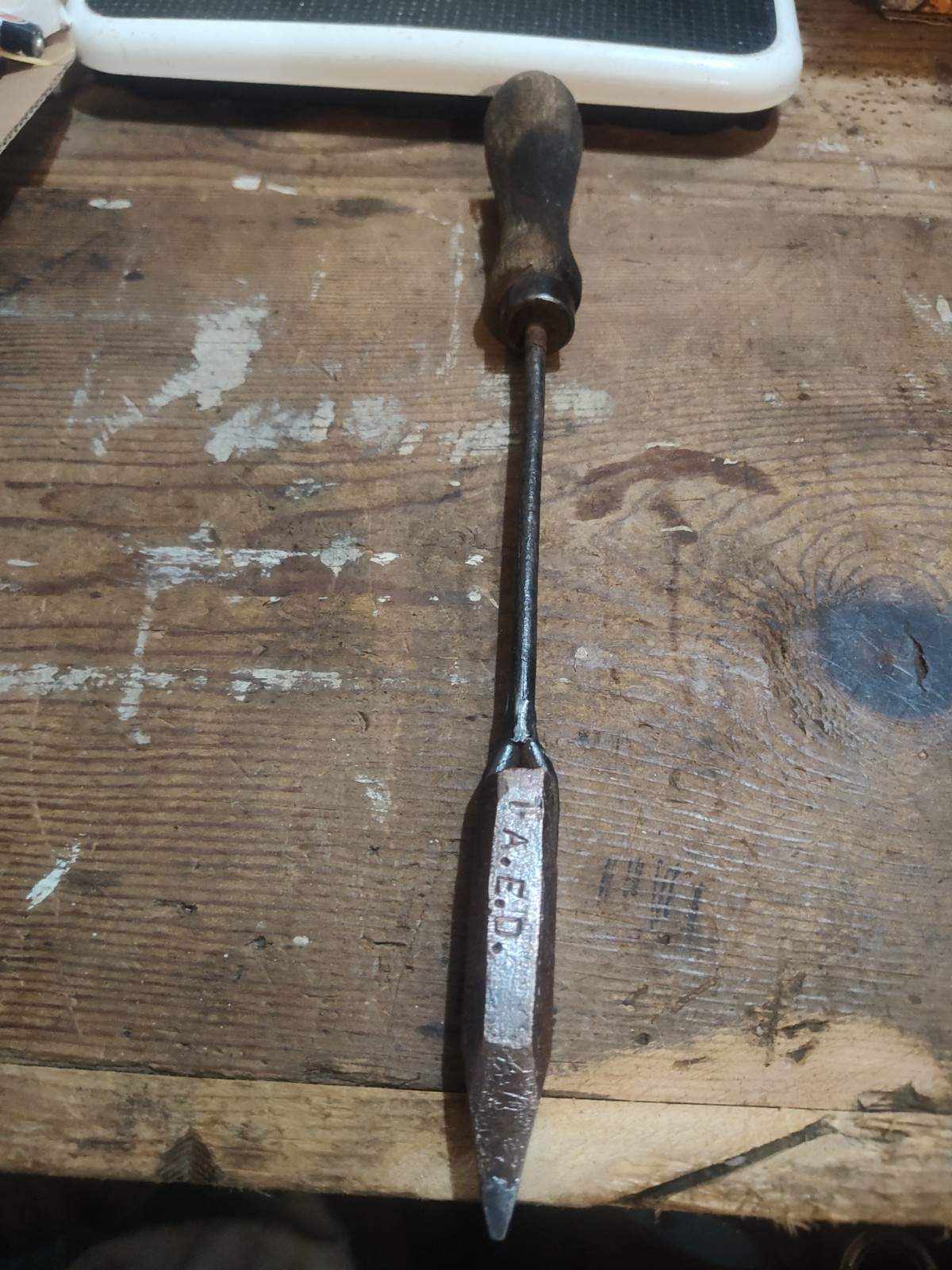 Soldering iron, flame heated copper tip with wood handle, Initial D.A.E .D