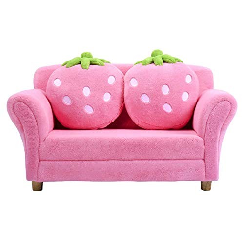 Kids Couch, Double Seat Children's Sofa with 2 Strawberry Pillows, Pink